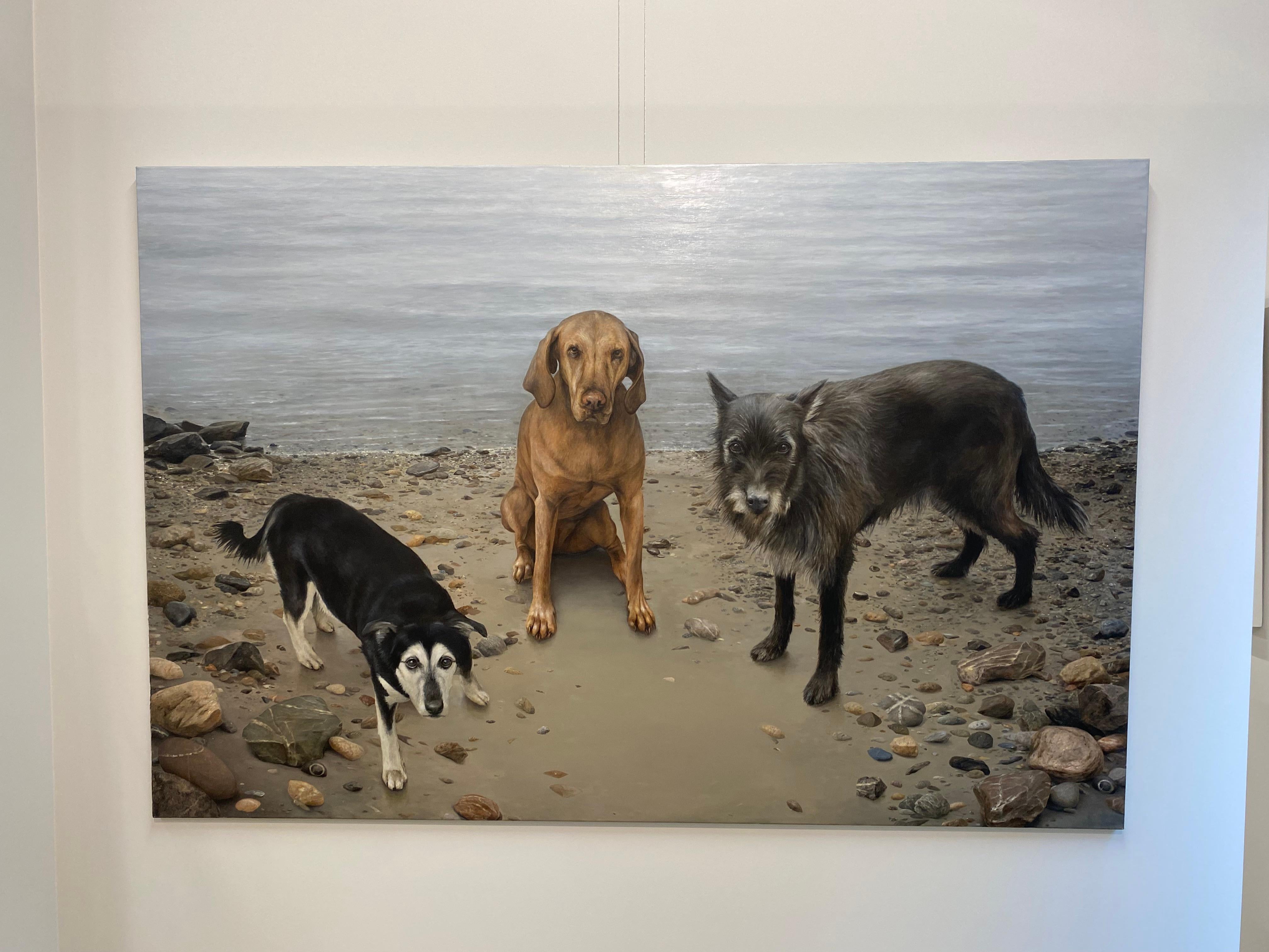 Trois amis heureux - peinture de paysage contemporaine du 21e siècle avec chiens - Painting de Bart Koning