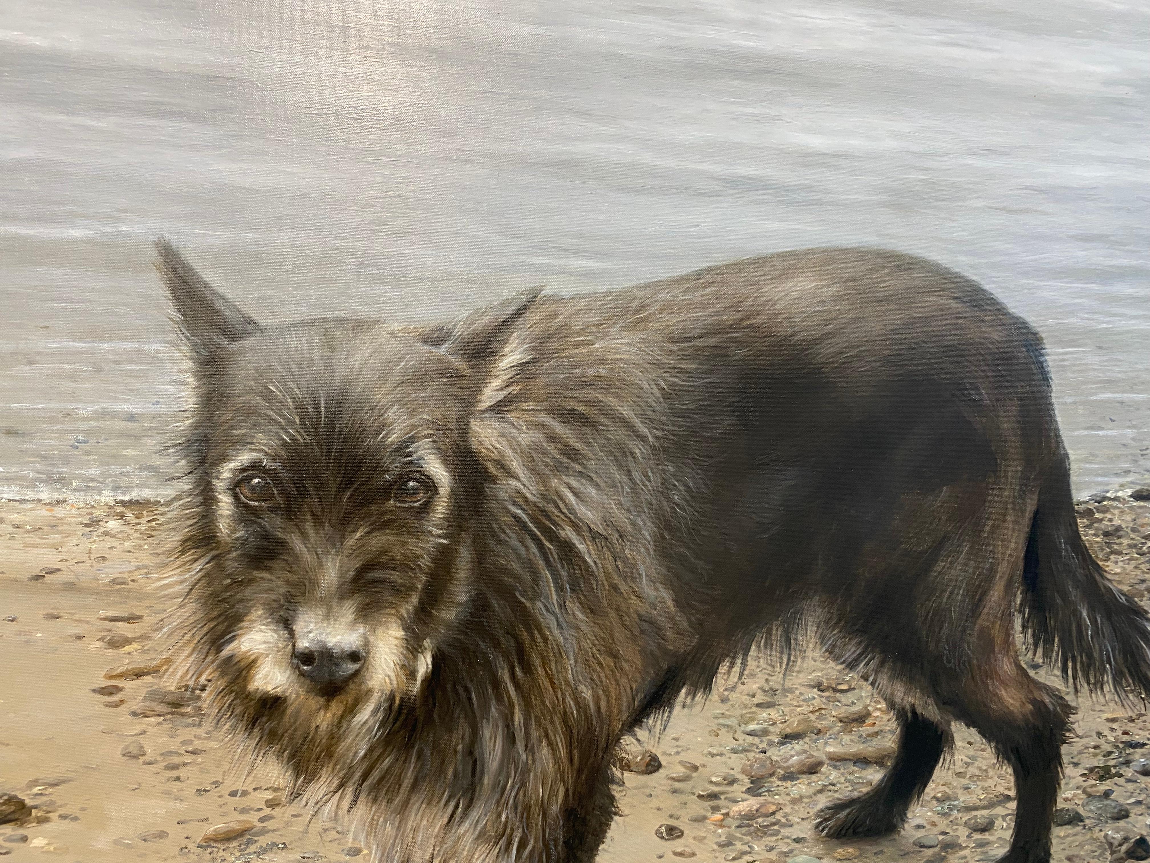 Trois amis heureux - peinture de paysage contemporaine du 21e siècle avec chiens - Gris Animal Painting par Bart Koning