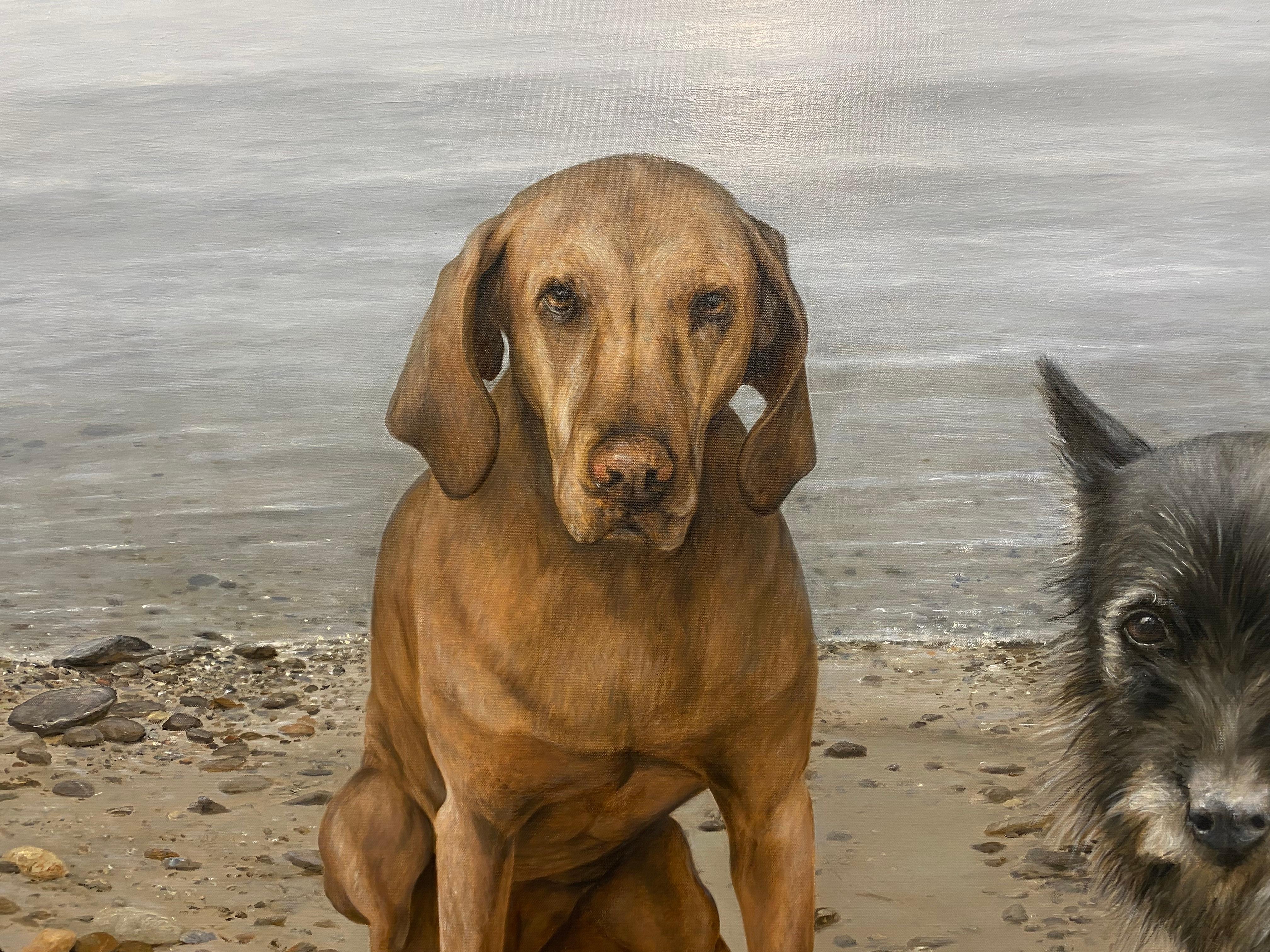 Trois amis heureux - peinture de paysage contemporaine du 21e siècle avec chiens en vente 2