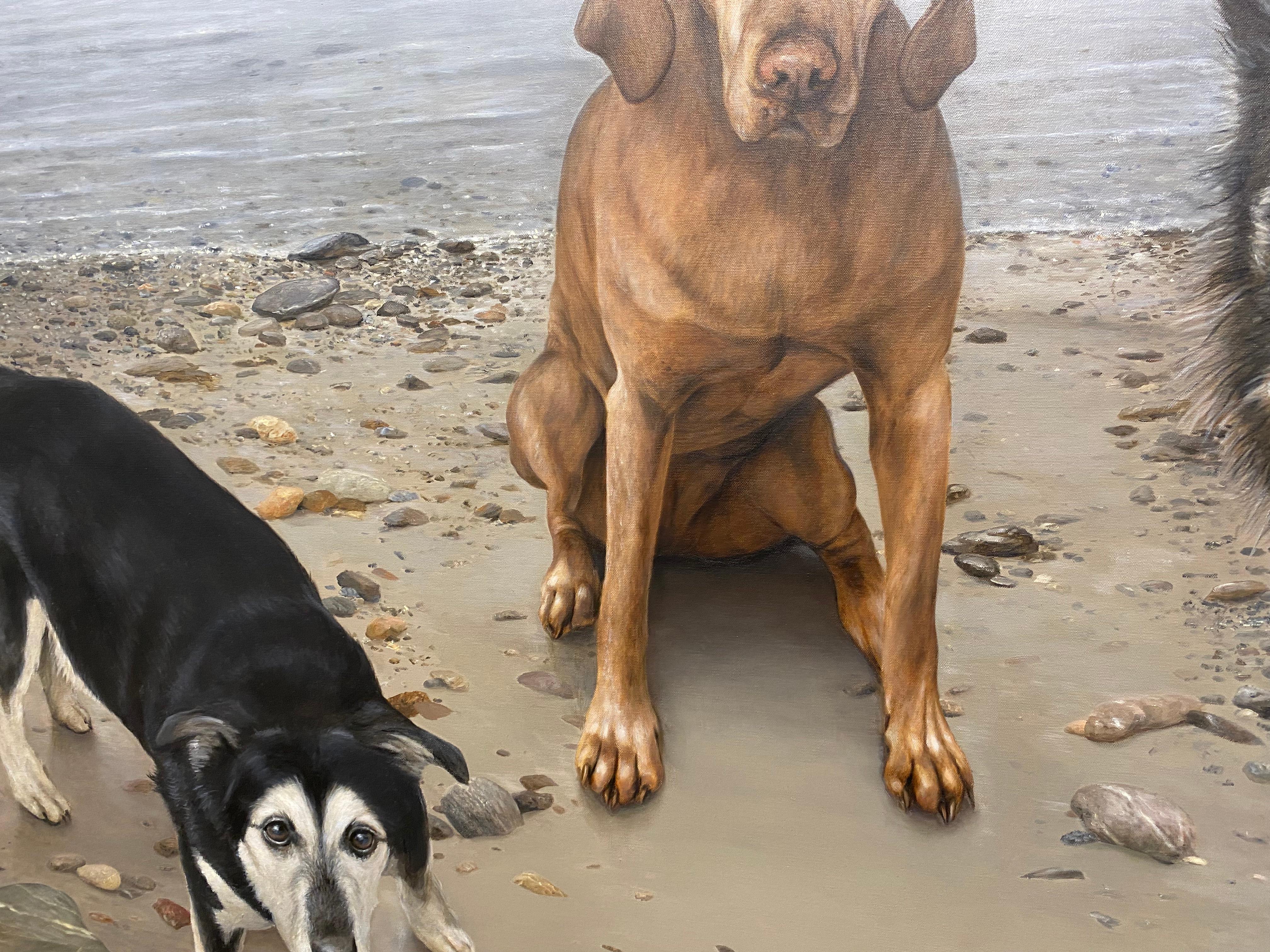 Trois amis heureux - peinture de paysage contemporaine du 21e siècle avec chiens en vente 4