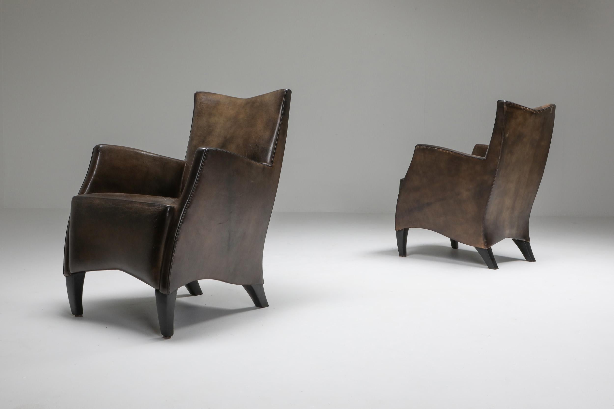 Bart Van Bekhoven Armchairs in Brown Grey Patina Sheep Leather In Excellent Condition In Antwerp, BE