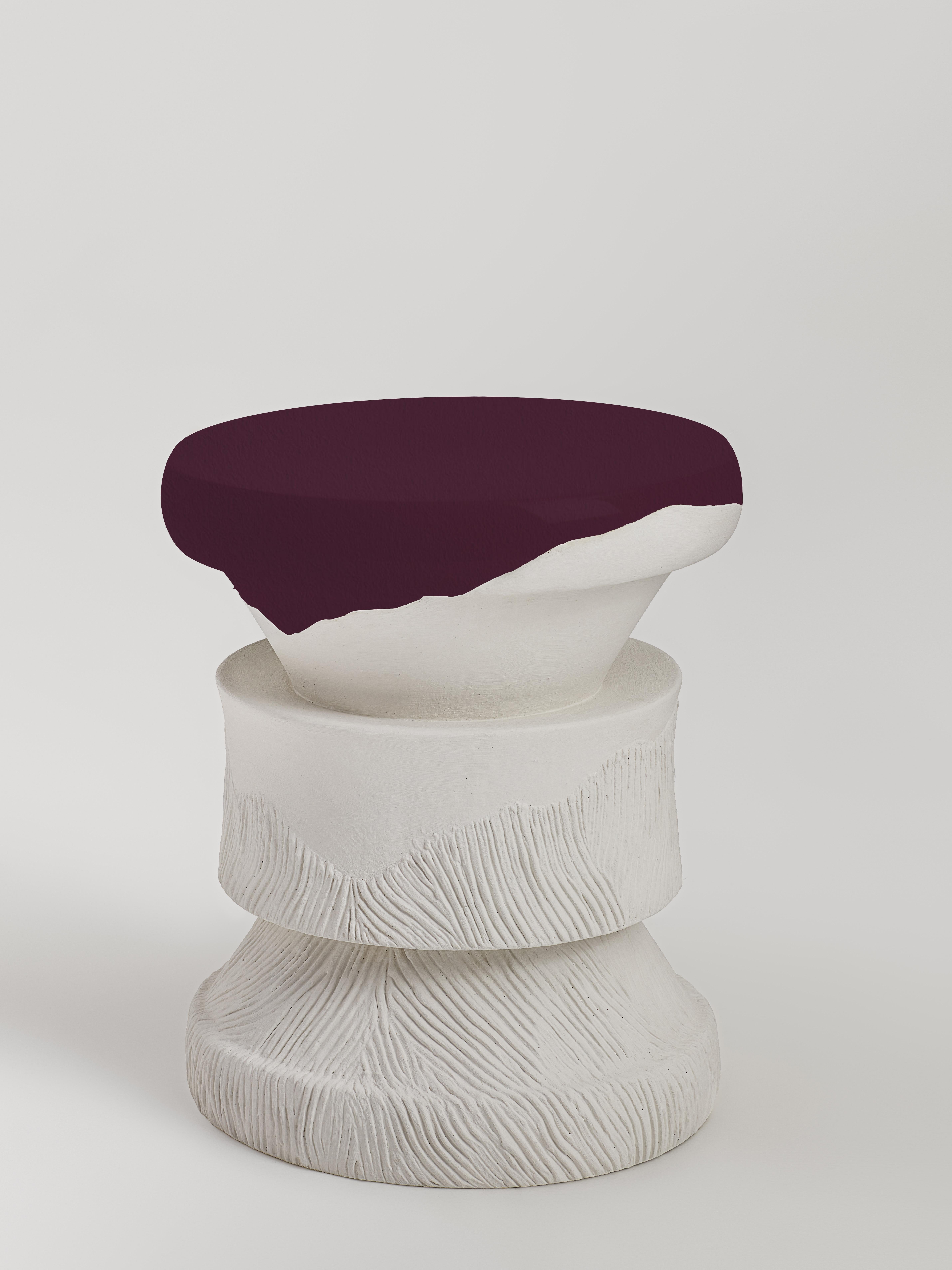Barth Stool by Le Berre Vevaud
Dimensions: D 37 x H 45 cm.
Materials: Solid basswood, covered by mineral plaster and lacquered in Aubergine ALV-L0038 glossy color.


For over 15 years, Raphaël Le Berre and Thomas Vevaud have been writing beautiful