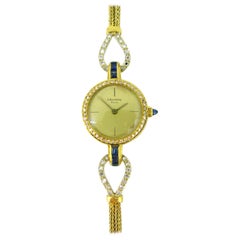 Barthelay Lady Diamonds Sapphires Yellow Gold Manual Wind Wristwatch