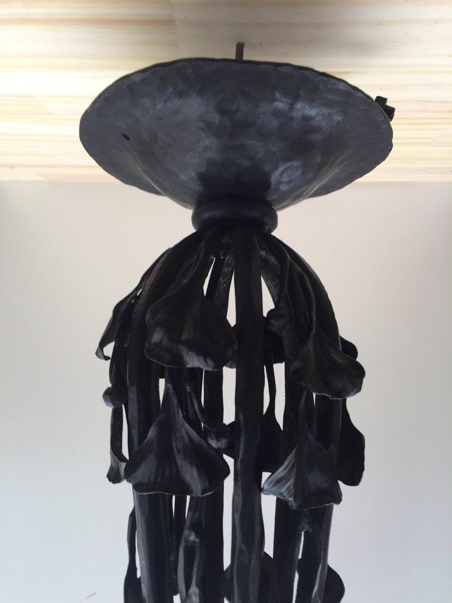 Barthelemie Art Deco Chandelier Wrought Iron and Alabaster For Sale 2