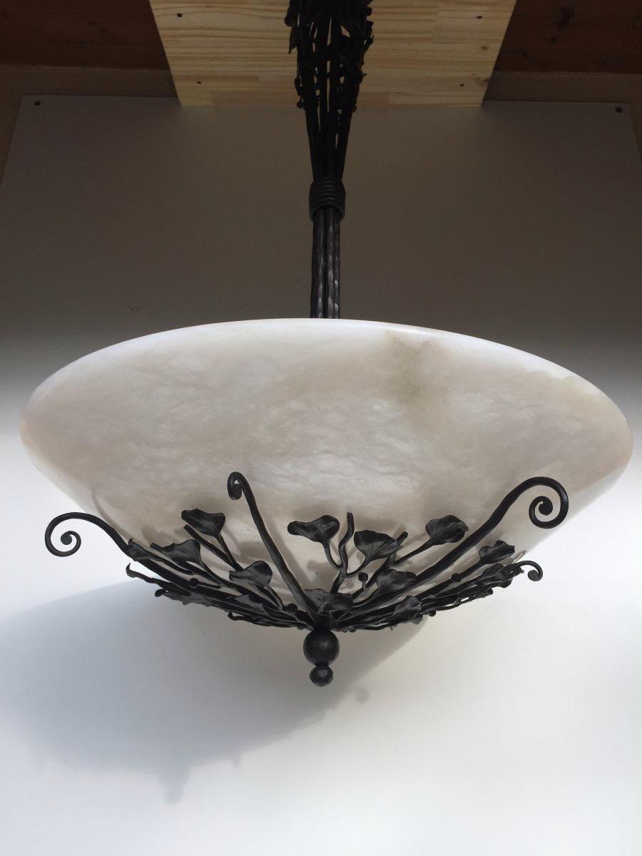 Barthelemie Art Deco Chandelier Wrought Iron and Alabaster For Sale 4