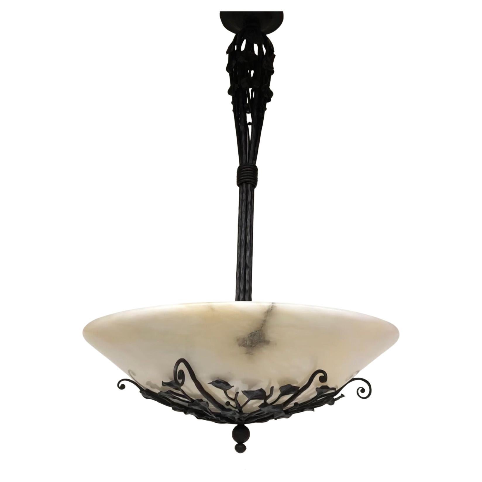 Barthelemie Art Deco Chandelier Wrought Iron and Alabaster For Sale