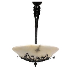 Retro Barthelemie Art Deco Chandelier Wrought Iron and Alabaster