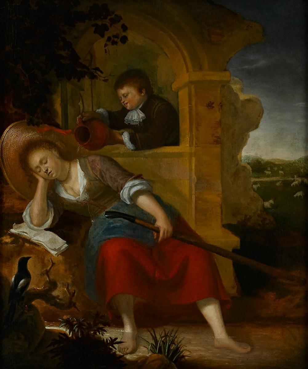 Dutch Old Master painting of a young Shepherdess sleeping with a Boy teasing her - Painting by Bartholomeus Maton