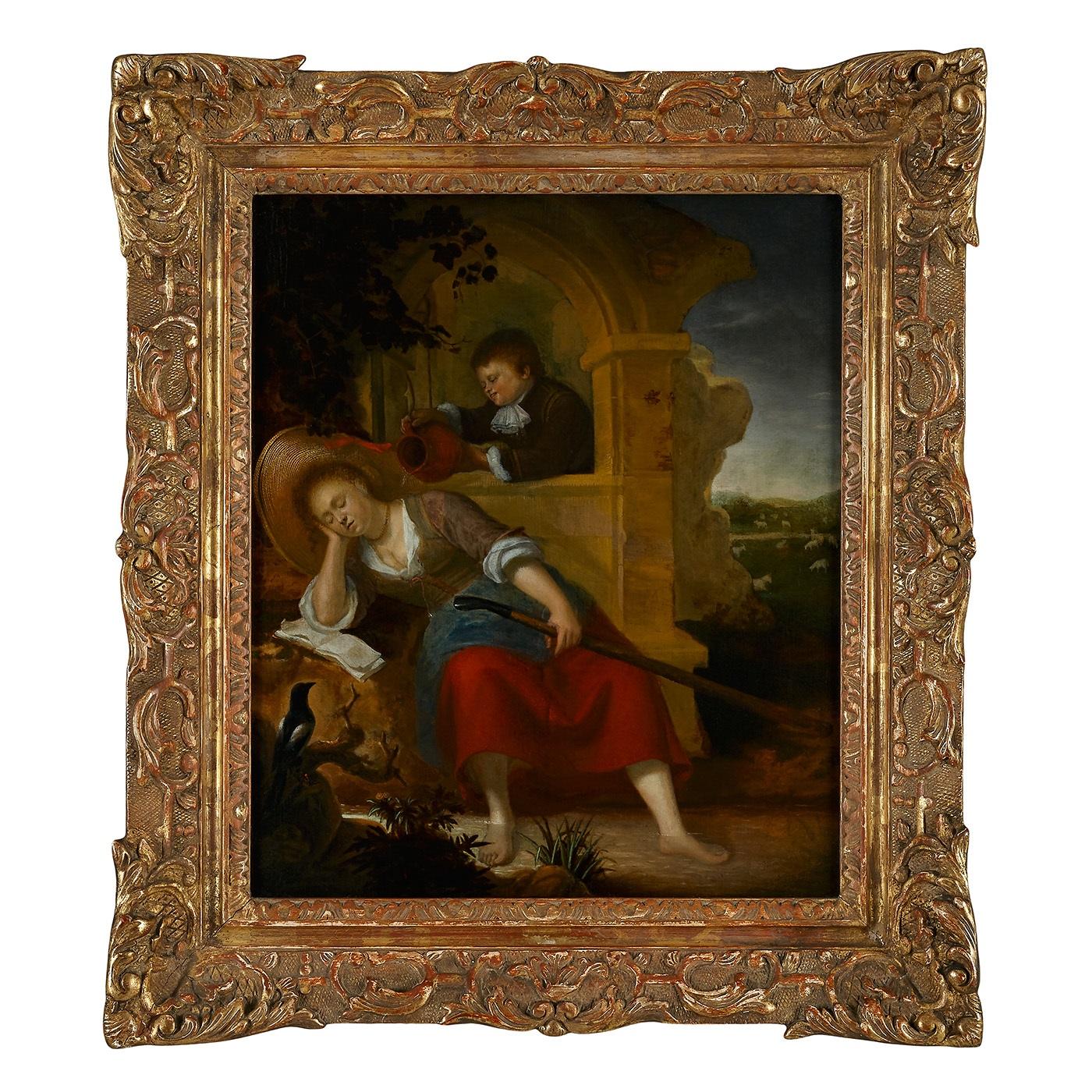 Bartholomeus Maton Figurative Painting - Dutch Old Master painting of a young Shepherdess sleeping with a Boy teasing her