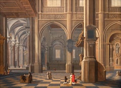 An interior of a Gothic cathedral with figures