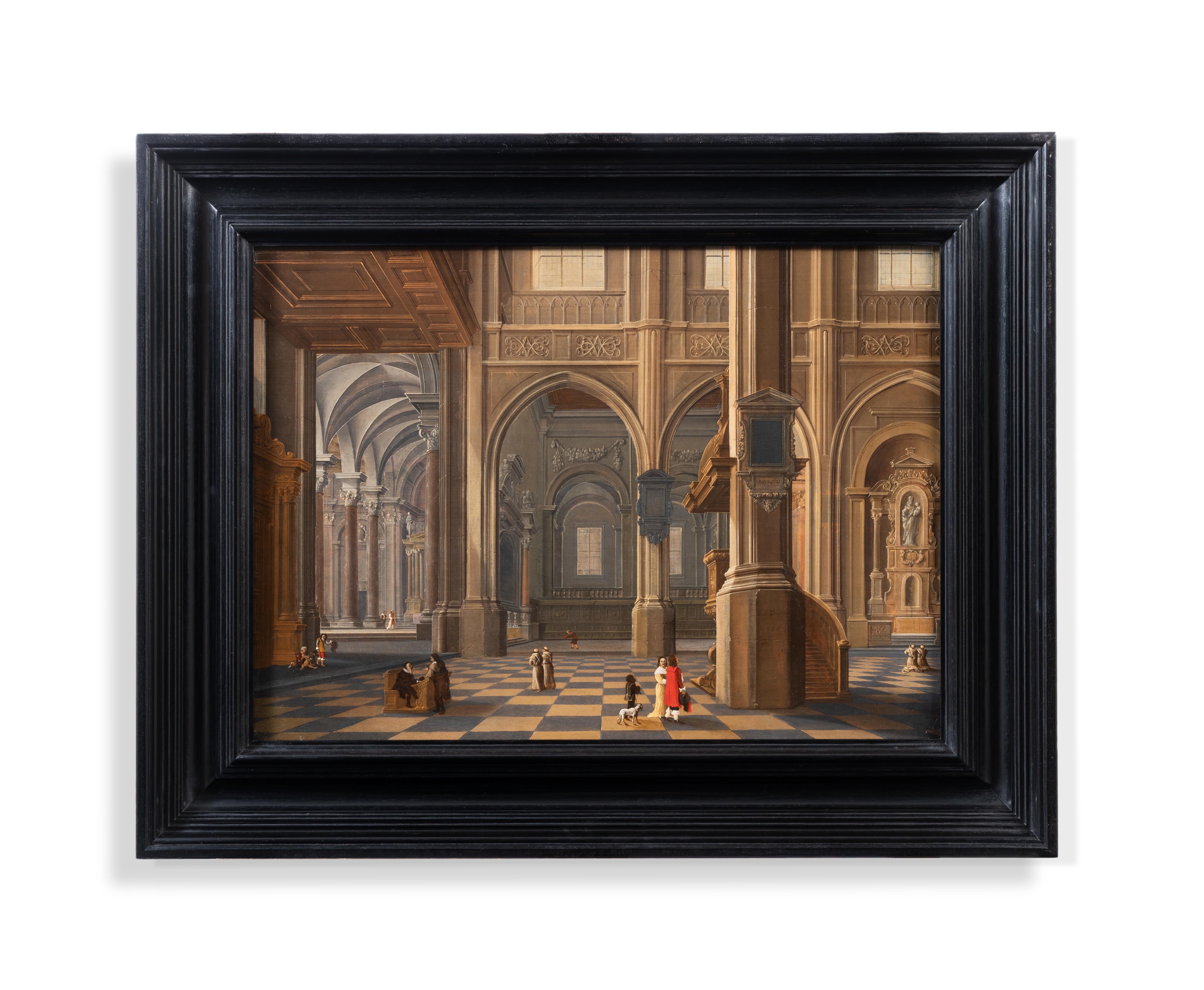 An interior of a Gothic cathedral with figures