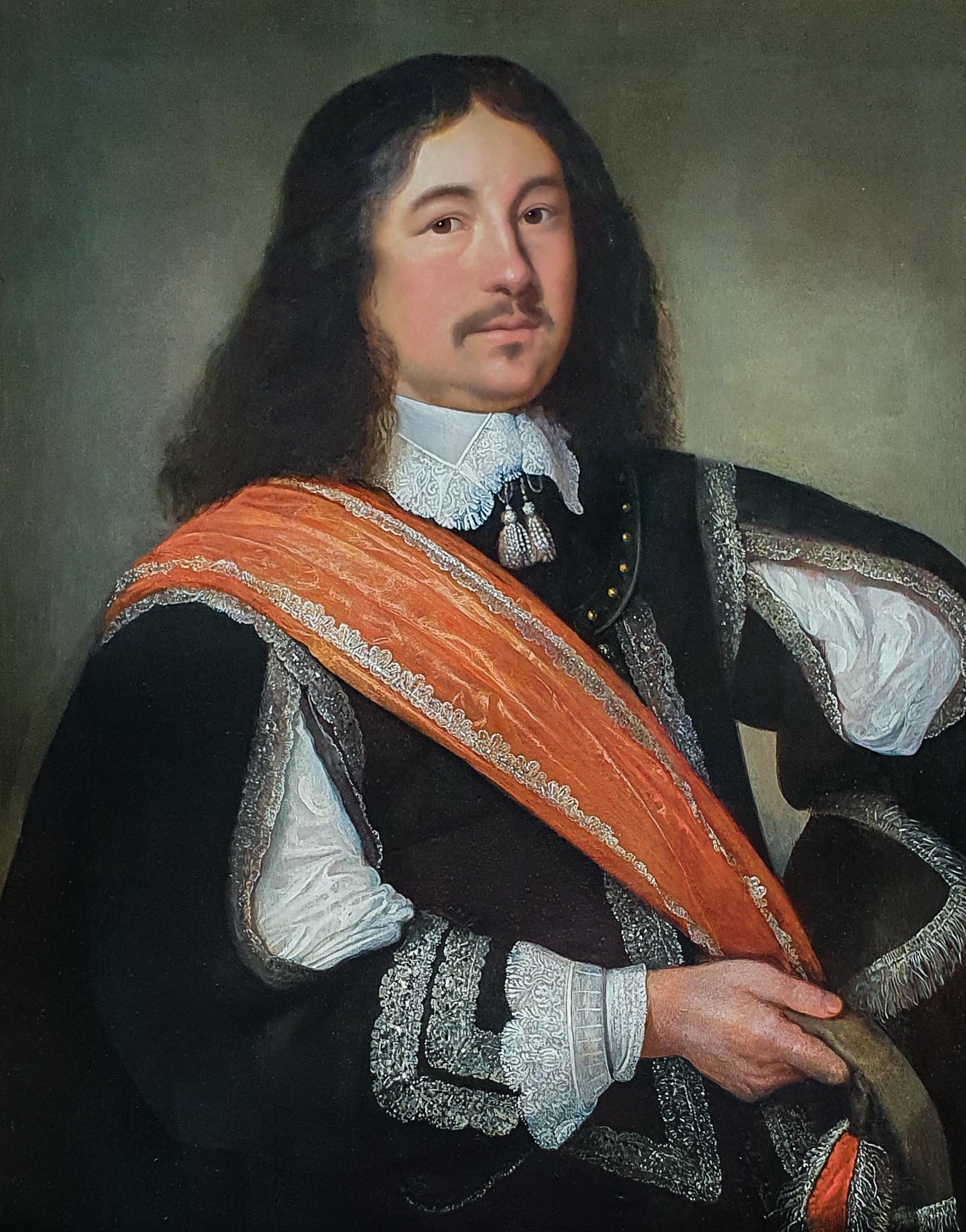 Porträt eines Gentleman aus schwarzem Schiefer und orangefarbener Schärpe, niederländisches Ölgemälde auf Tafel, um 1650