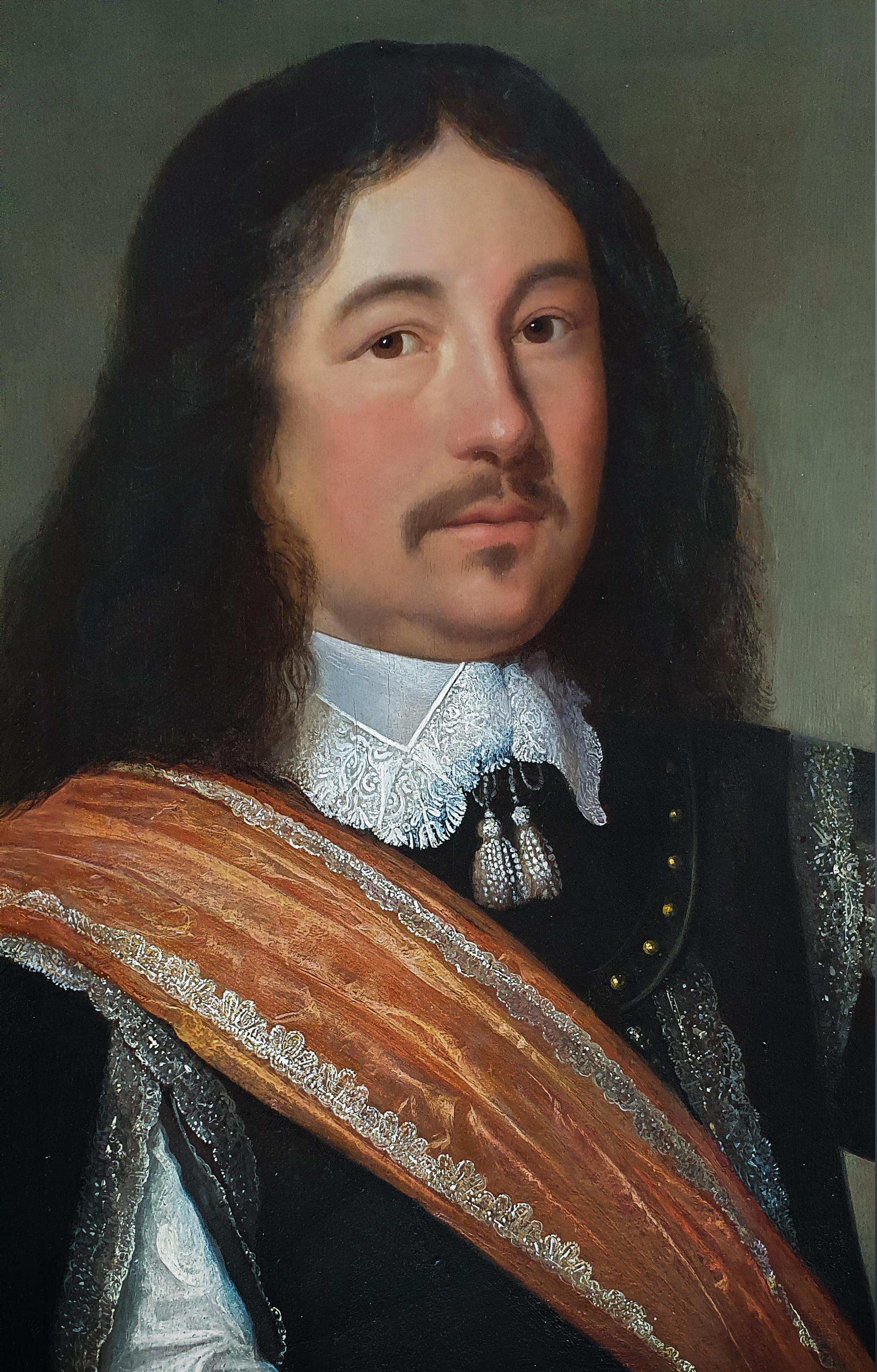 Portrait Gentleman Black Slashed Doublet & Orange Sash Dutch Oil on Panel c.1650 For Sale 1