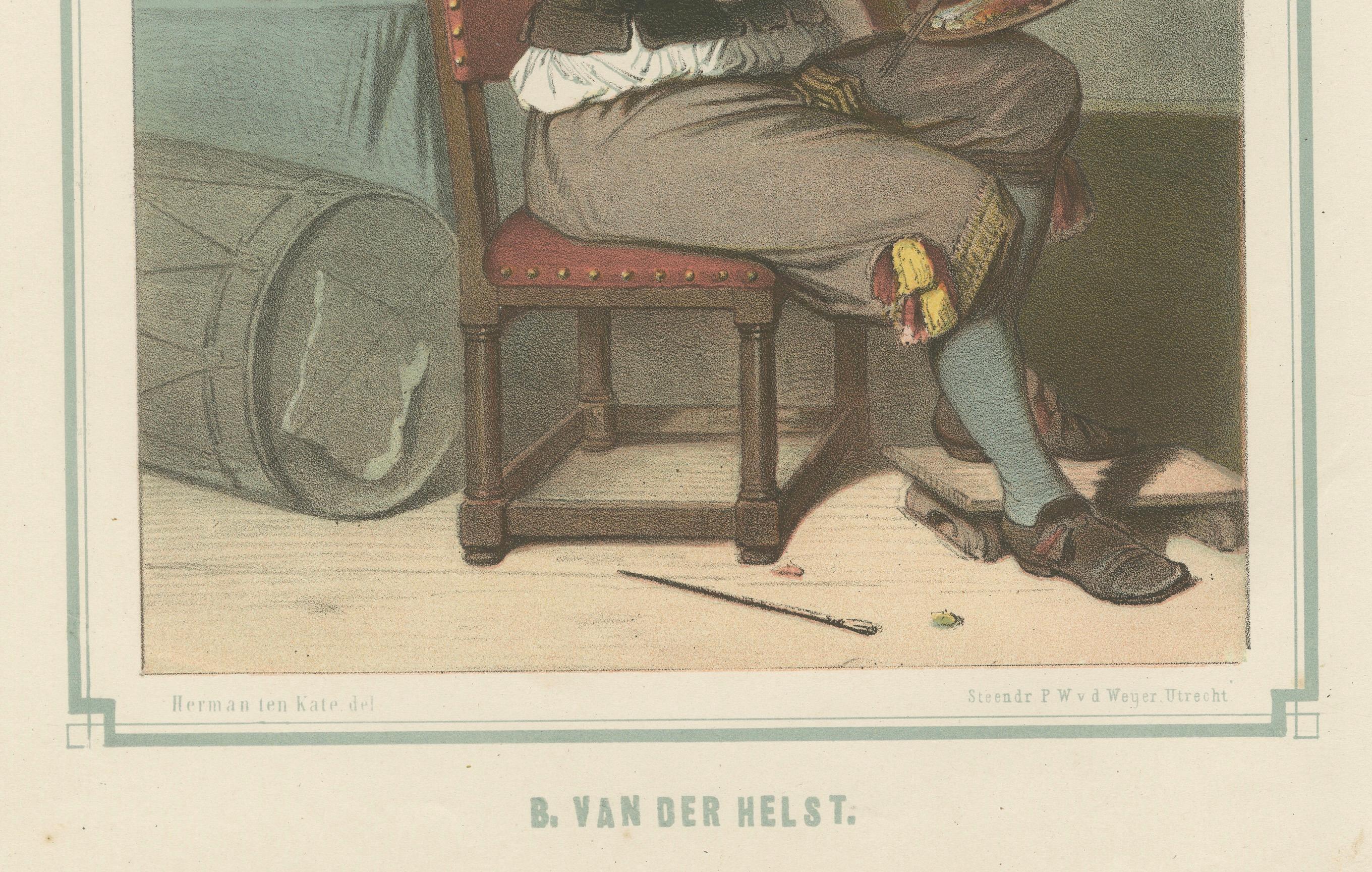 Bartholomeus van der Helst an der Staffelei sitzend - Lithographie aus dem 19. Jahrhundert

Diese elegante handkolorierte Lithografie aus dem 19. Jahrhundert zeigt den berühmten niederländischen Porträtmaler Bartholomeus van der Helst in seinem