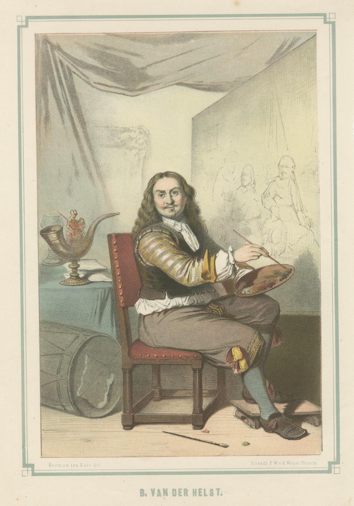 Bartholomeus van der Helst an der Staffelei sitzend - Lithographie aus dem 19. Jahrhundert (Papier) im Angebot