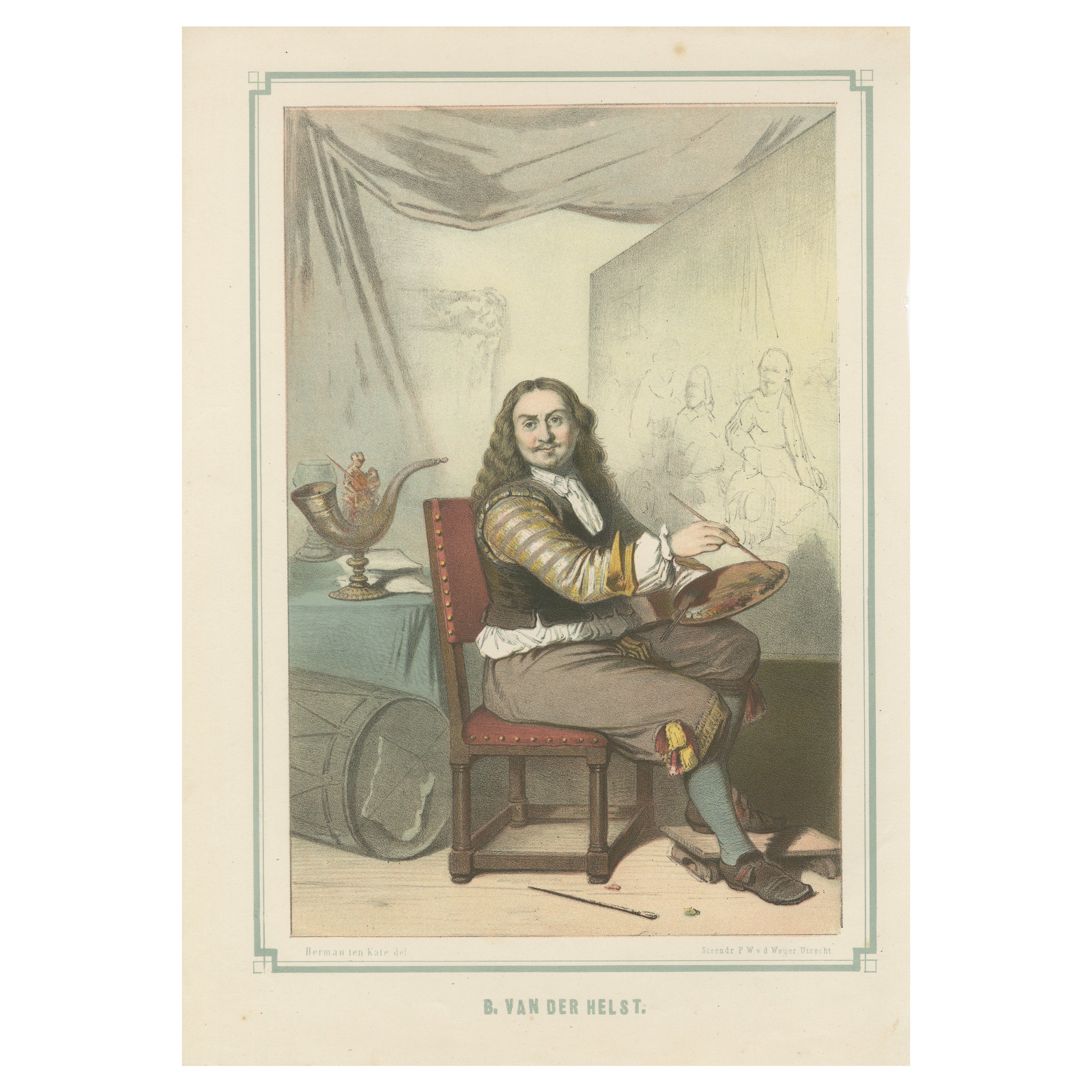 Bartholomeus van der Helst assis au chevalet - Lithographie du XIXe siècle