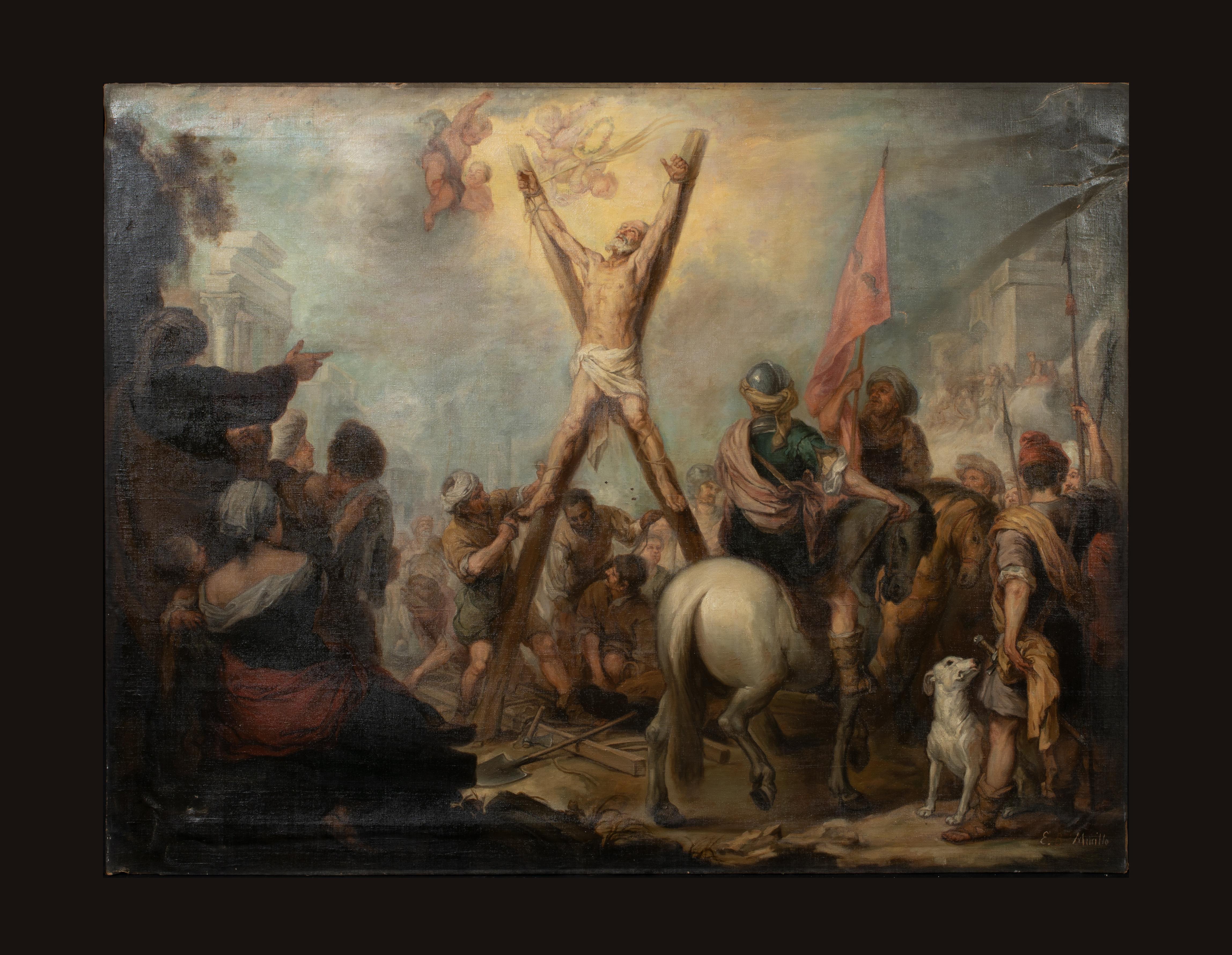 Le martyre de saint André, 18e/19e siècle 

disciple de Bartolomé Esteban Murillo (1617-1682) - signé Murillo

Immense maître ancien espagnol du XIXe siècle représentant le martyre de Saint-André, huile sur toile. Magnifique représentation à grande