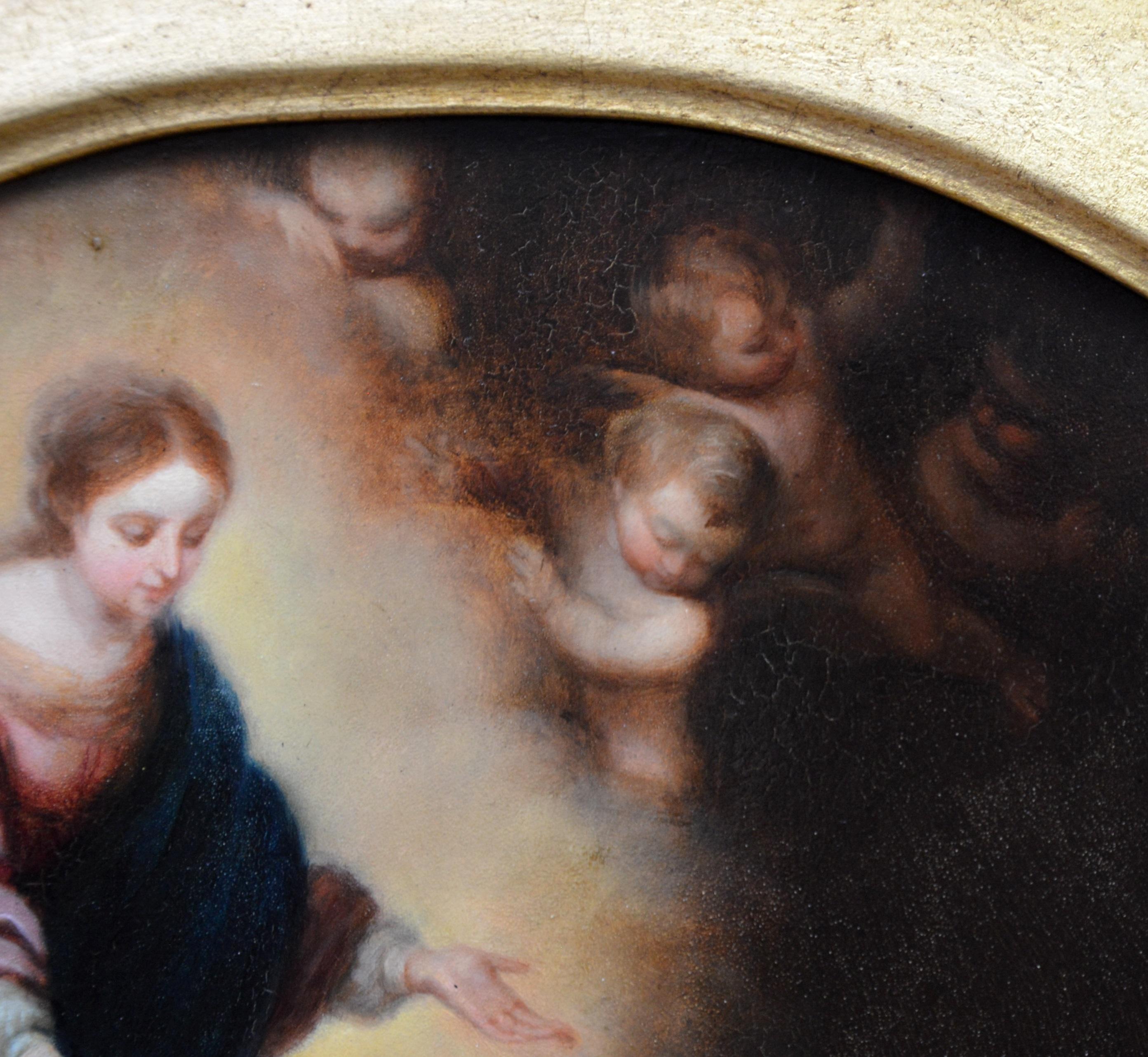 A fine early 19th-century Baroque oil painting depicting the Virgin Mary, the infant Christ and host painted after ‘The Vision of Saint Felix of Cantalicio’ by a follower of Bartolomé Esteban Murillo (1618-1682). The painting is on wooden panel and