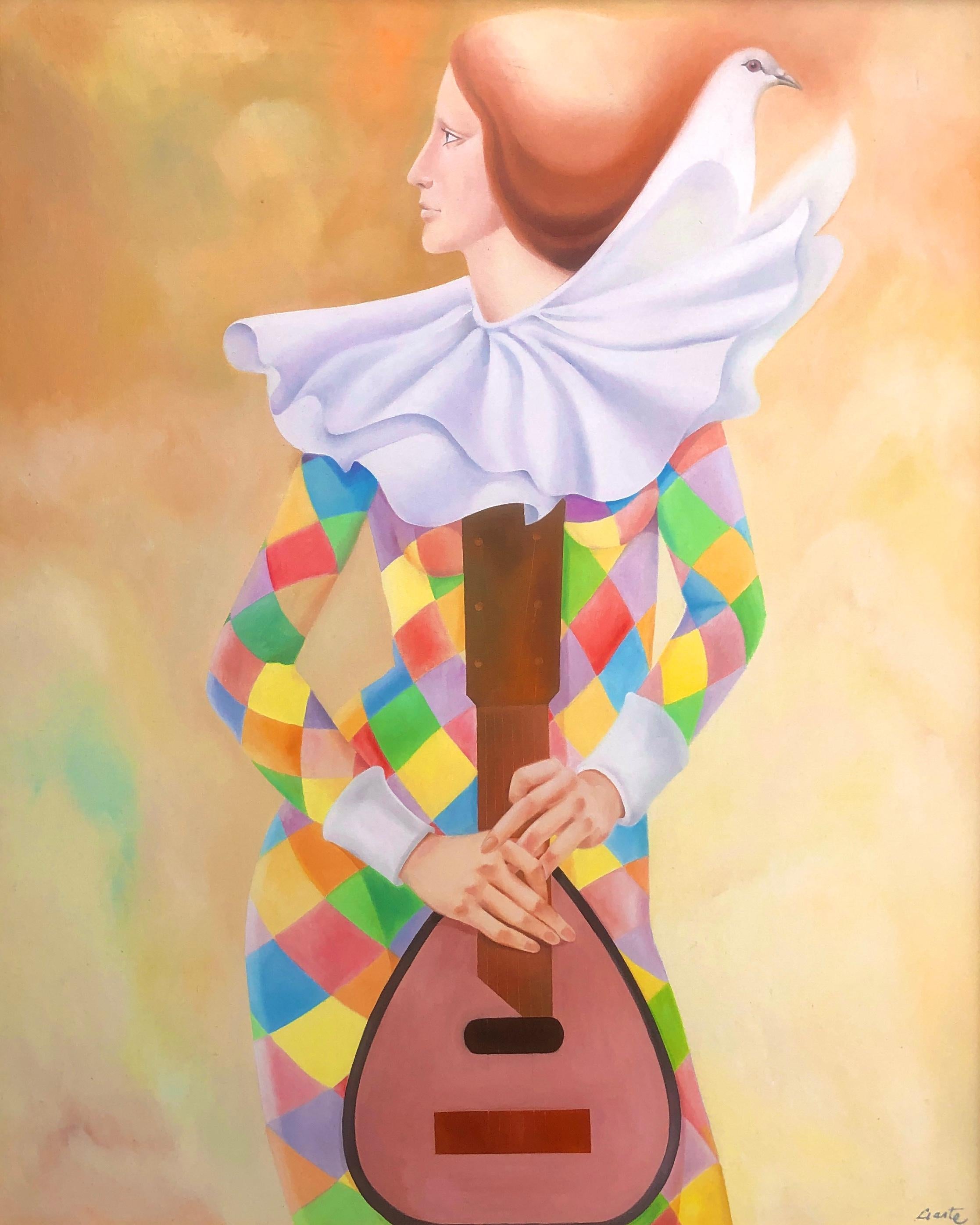 Figurative Painting di Bartolome Liarte - arlecchino e colomba olio su tela pittura surrealismo
