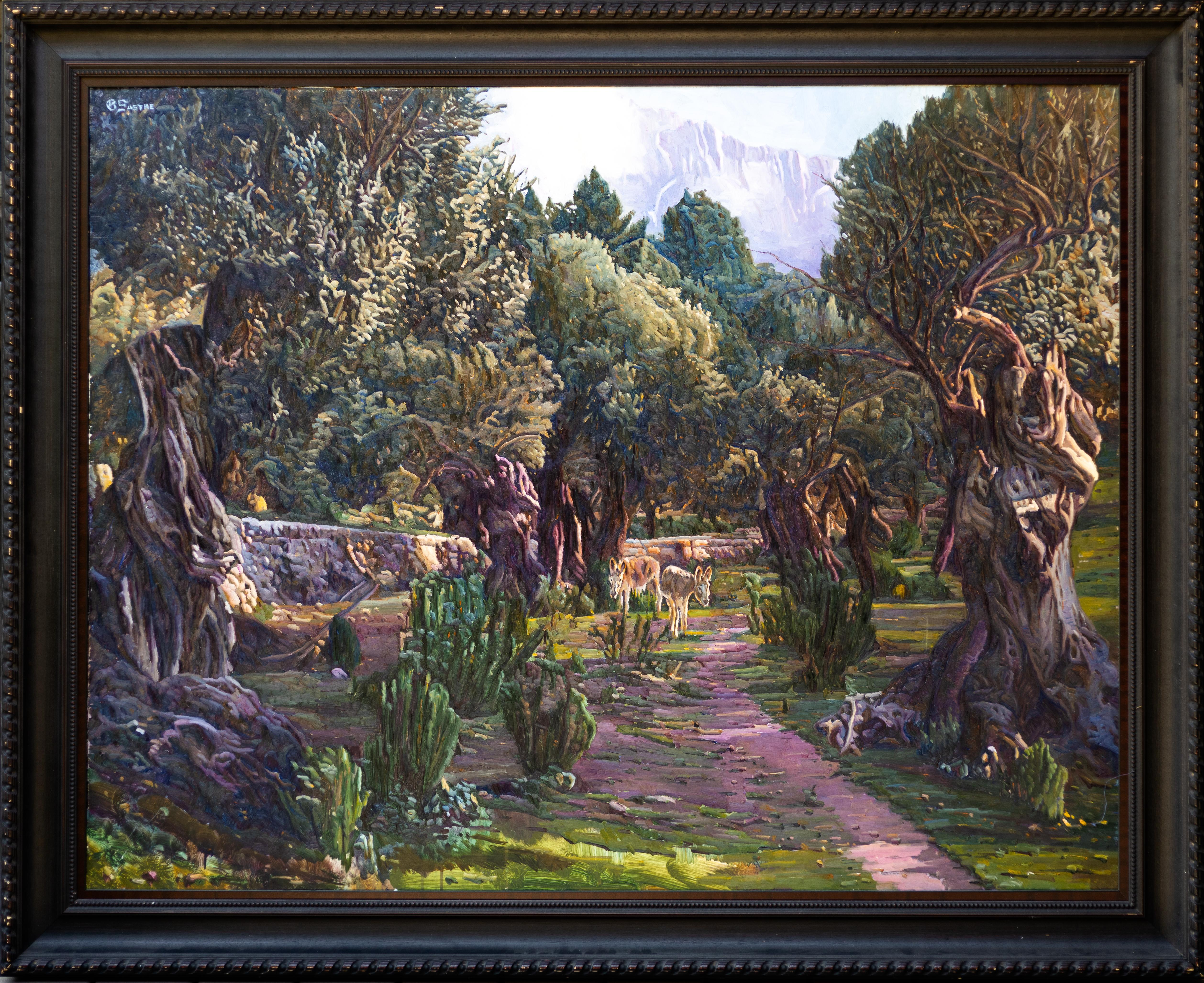 « Le chemin » ( Paysage pastoral avec arbres d'oliviers et ânes) - Painting de Bartolome Sastre