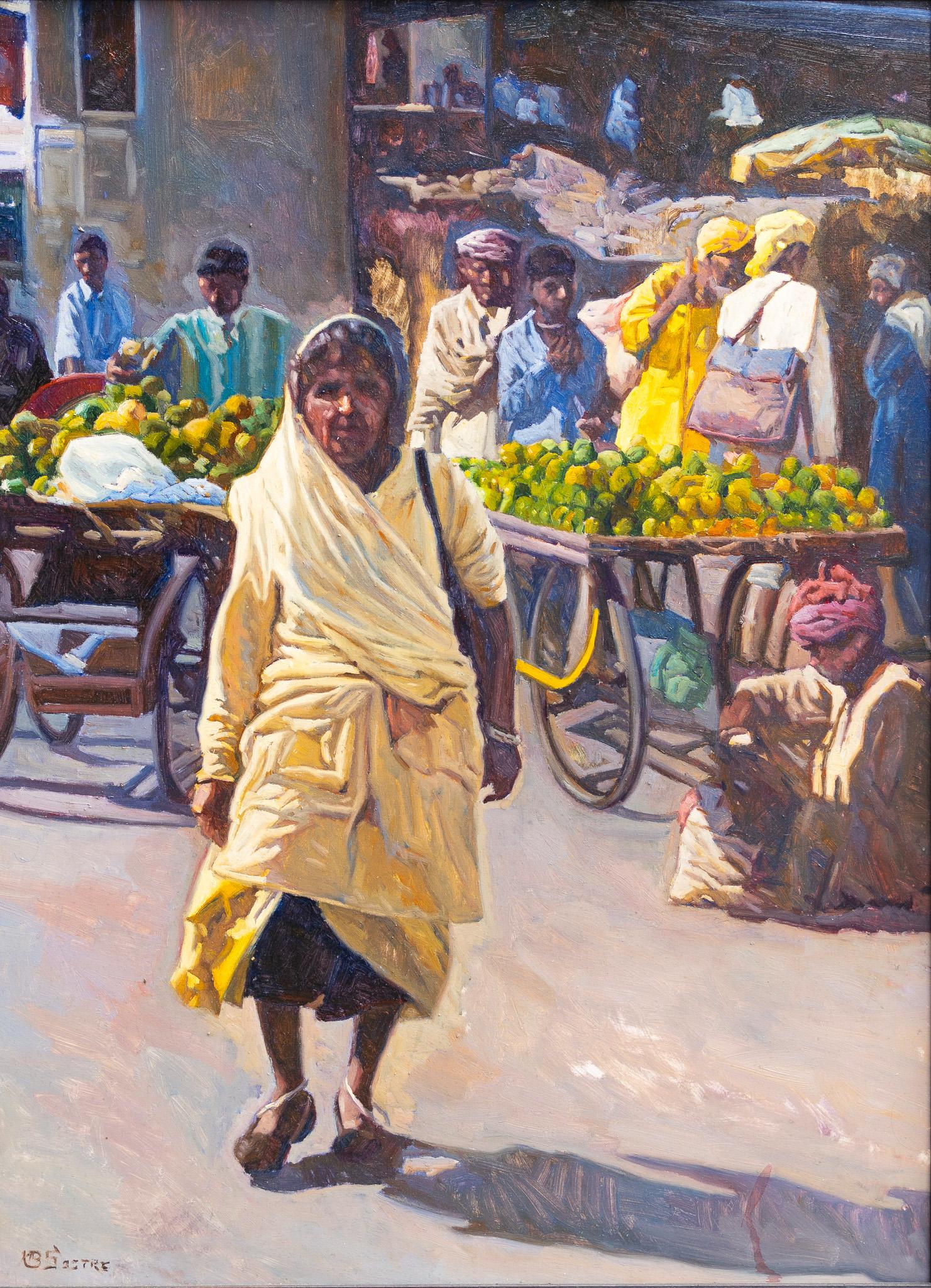Bartolome Sastre Portrait Painting - "Indian Woman" Street Scene in an Indian Market