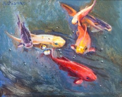 "Pez Koi" Pintura impresionista de un estanque koi