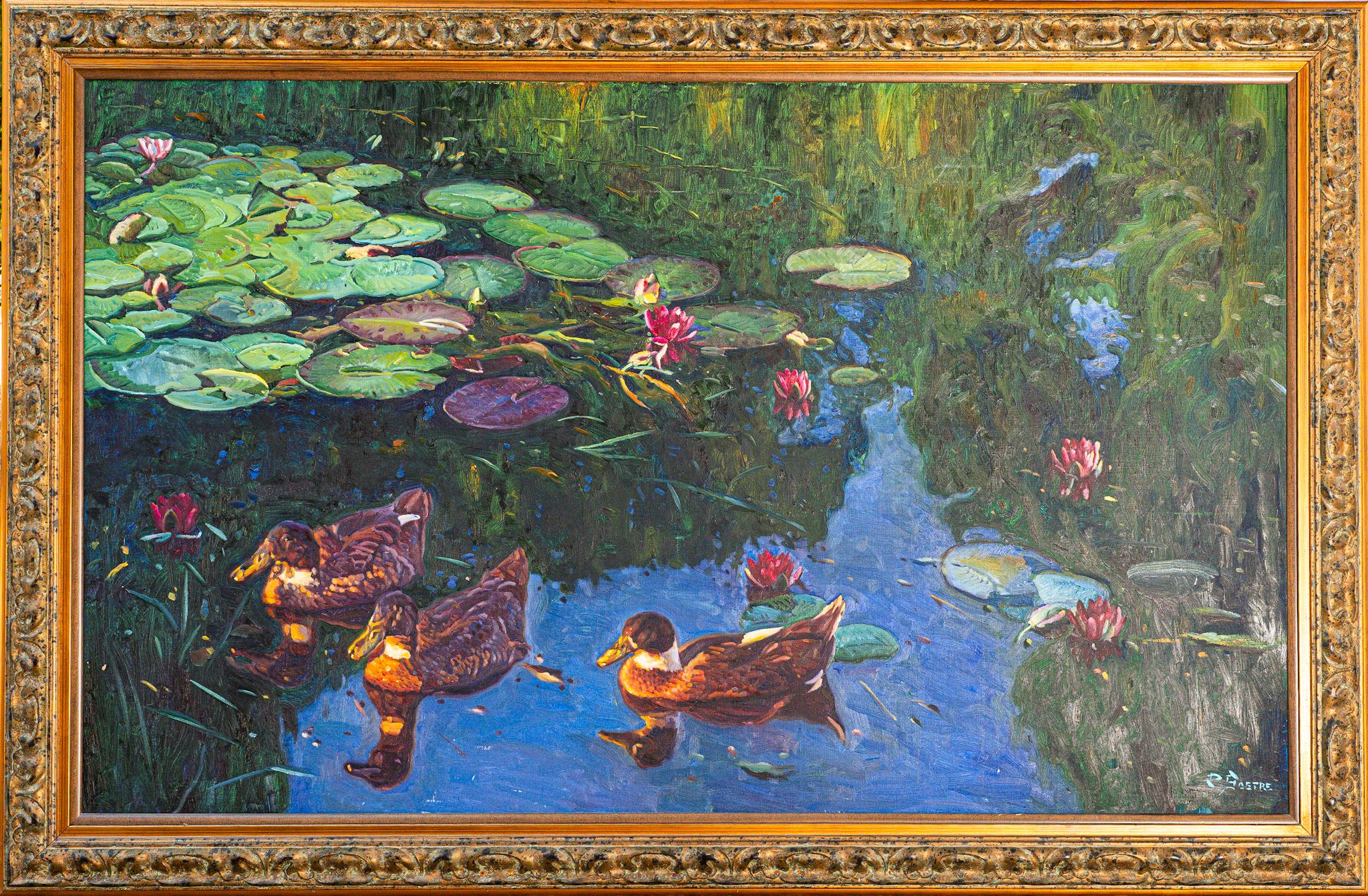 Huile originale sur carton taille : 35 x 57 in.
Taille du cadre : 39 x 46 in.
Signé : en bas à droite

Cette peinture à l'huile impressionniste du maître contemporain Bartolome Sastre capture une scène sereine en plein air d'un étang bleu