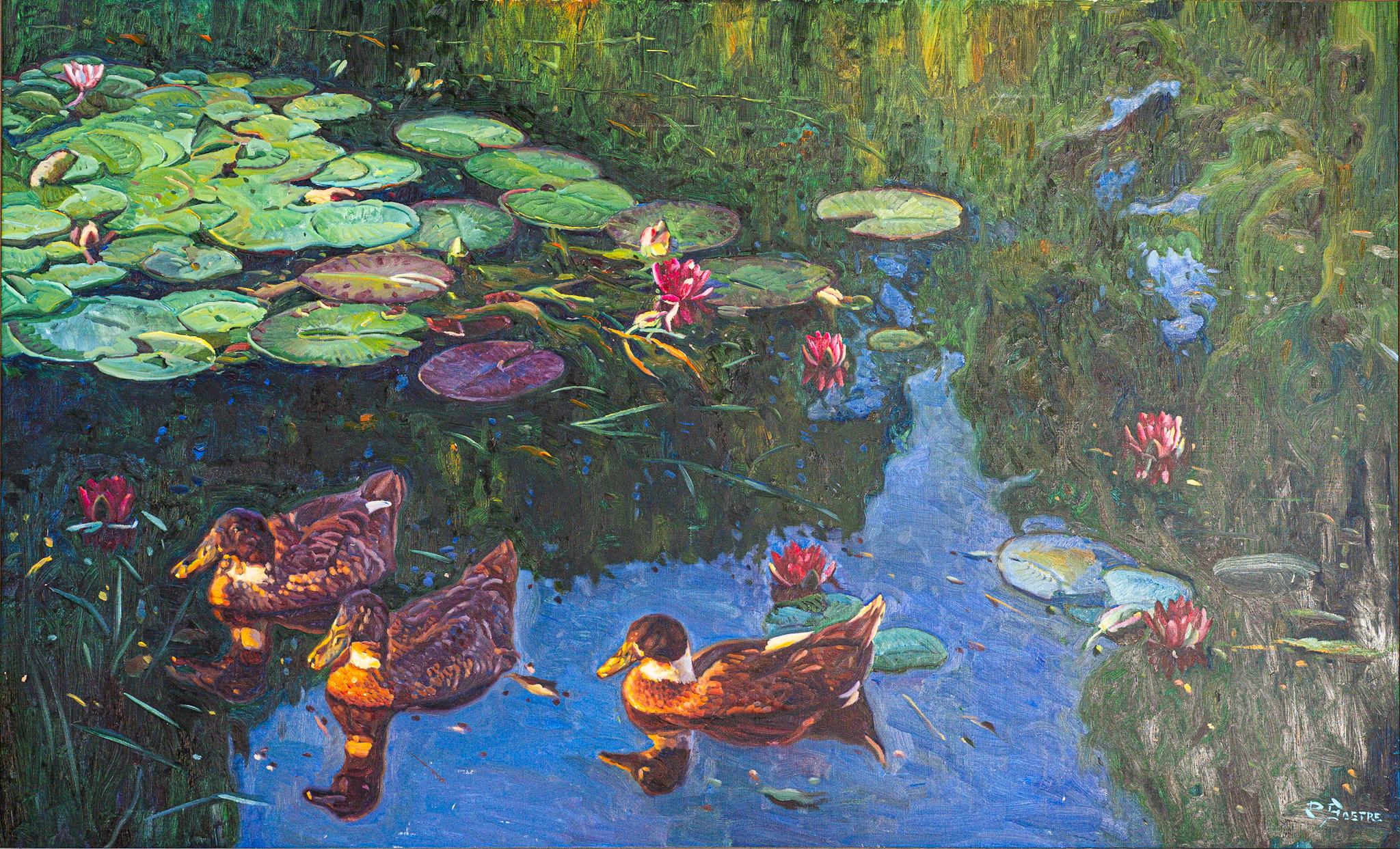 "Primera Luz" Grande peinture à l'huile avec canards et nénuphars sur un étang bleu clair