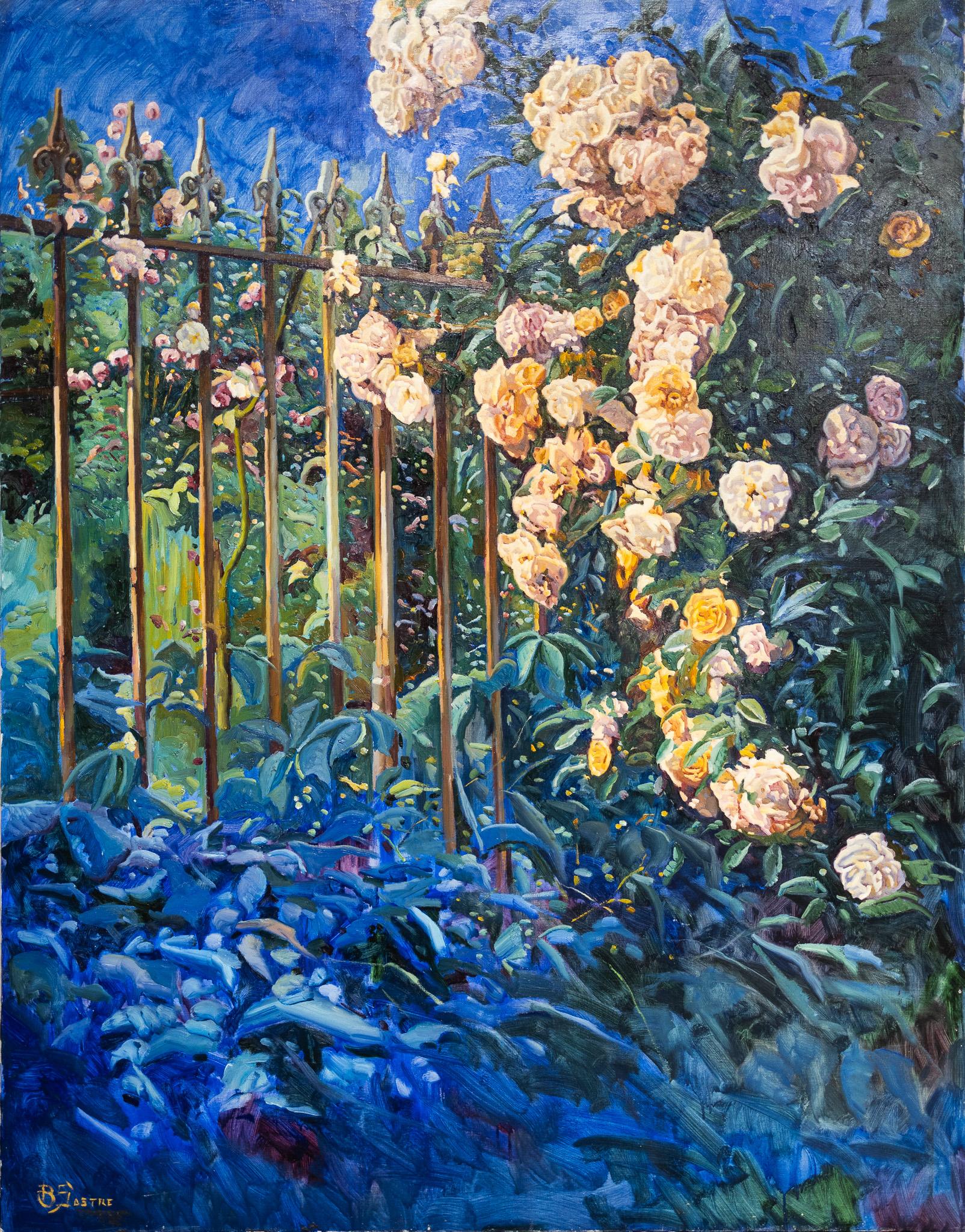 Bartolome Sastre Landscape Painting - "Rosas" Bright Floral Rose Scene with Wrought Iron Fence