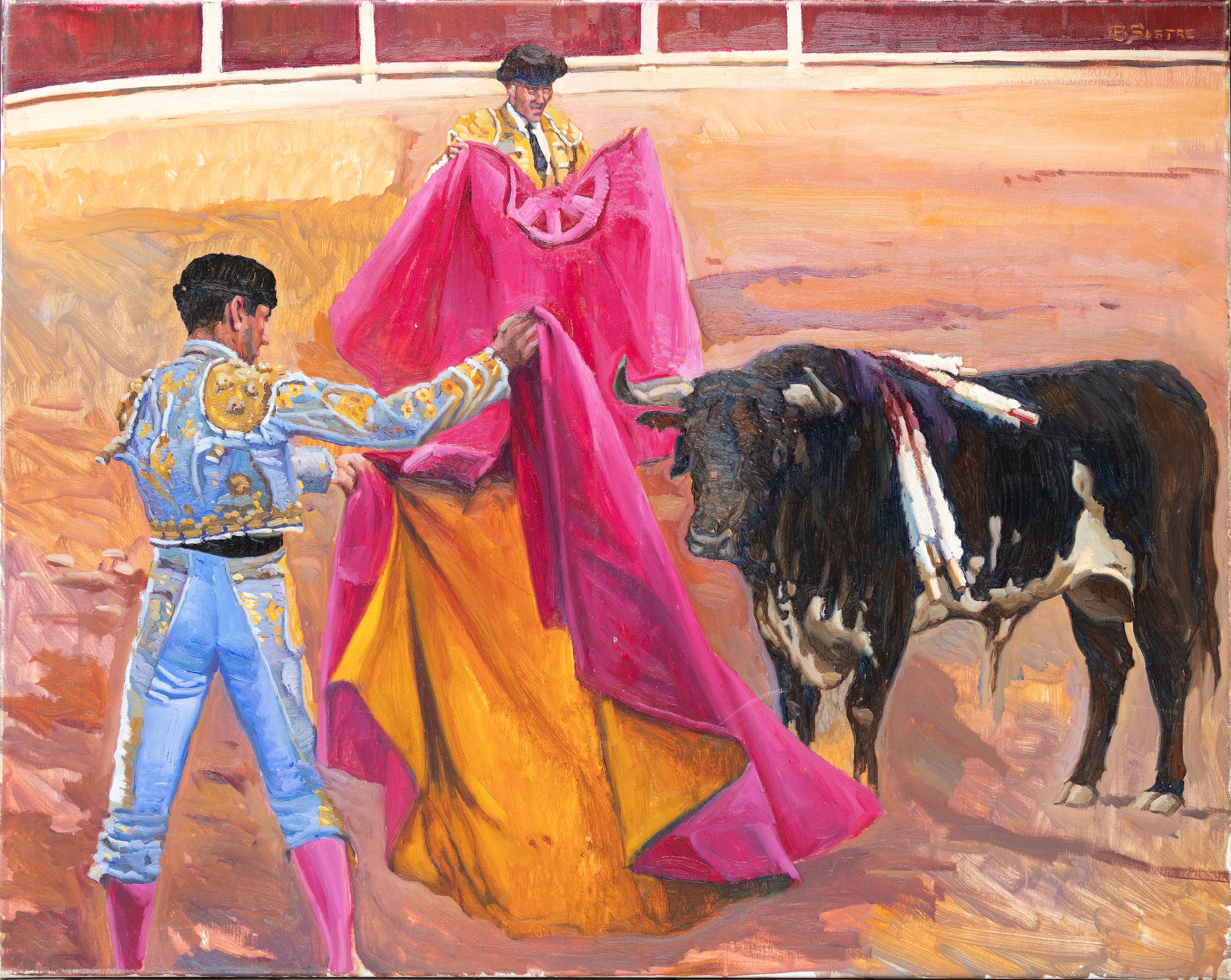 Figurative Painting Bartolome Sastre - Scène de combat de taureau espagnol Tarde de Toros