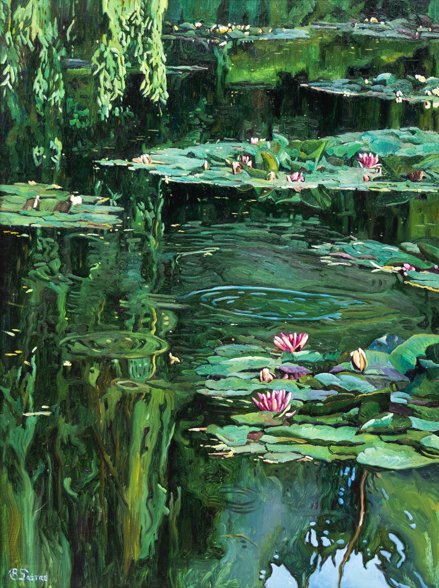 Bartolome Sastre Landscape Painting - "Water Lilies Over Green"