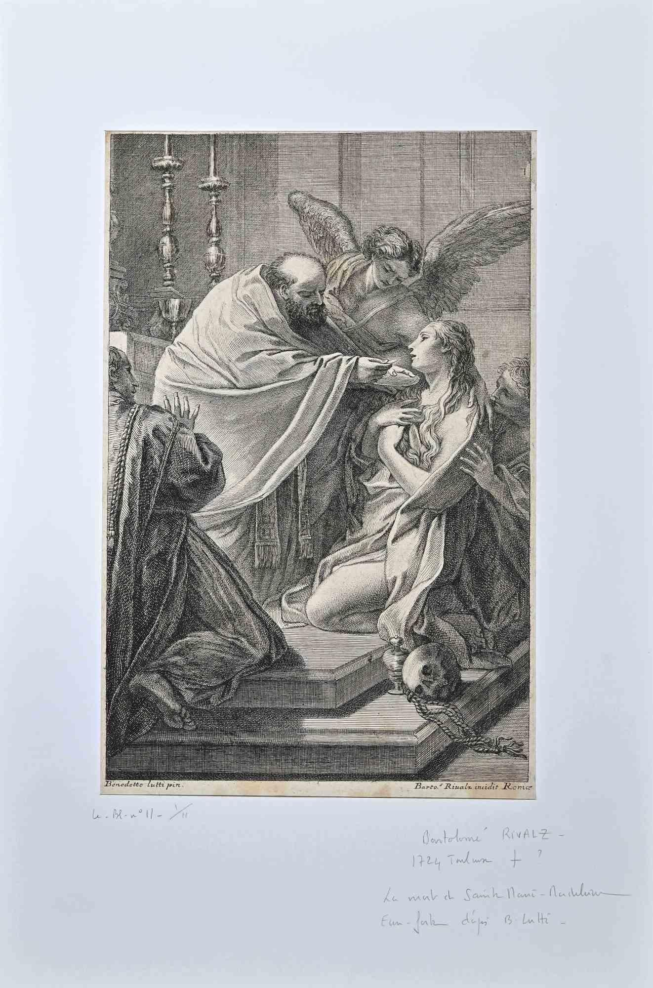 Saint Benedetto Luti is an Etching realized by Bartolomei Rivalz in the 18th century.

Good conditions.

Signed on the plate.

The artwork is depicted through soft short strokes with mastery and well-defined chiaroscuro.