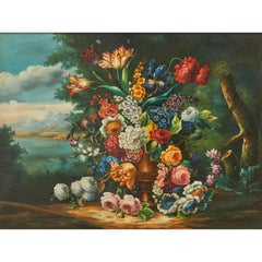 Bartolomeo Bimbi (Manner Of) Large Floral Still Life Landscape Oil on Canvas