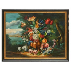 Bartolomeo Bimbi (Manner Of) Large Floral Still Life Landscape Oil on Canvas