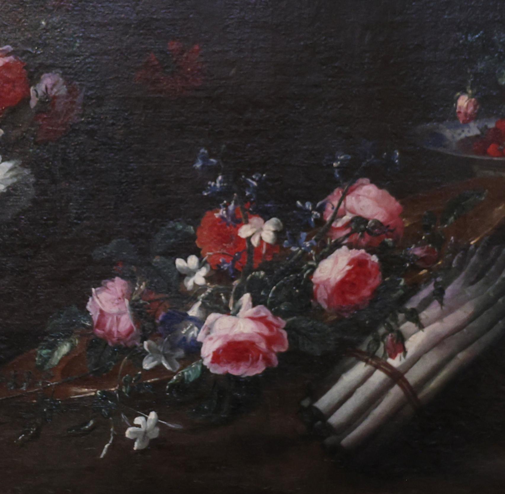 Kreis um Bartolomeo del Bimbi (1648-1729), Italien, Stillleben mit Blumen, Beeren und Spargel, Öl auf doublierter Leinwand, 90 x 61,5 cm.