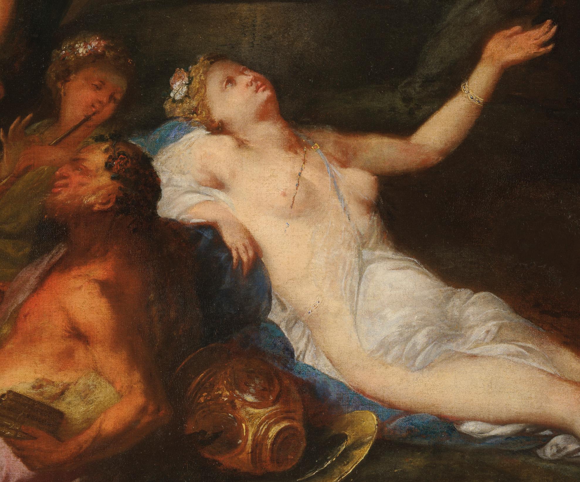 Bartolomeo Guidobono Bacchanal aus dem 17. Jahrhundert mit Maenads, Satyrn und Nymphen (Schwarz), Figurative Painting, von Bartolomeo Guidobono (Savona, Italy, 1654 - Torino, Italy, 1709)
