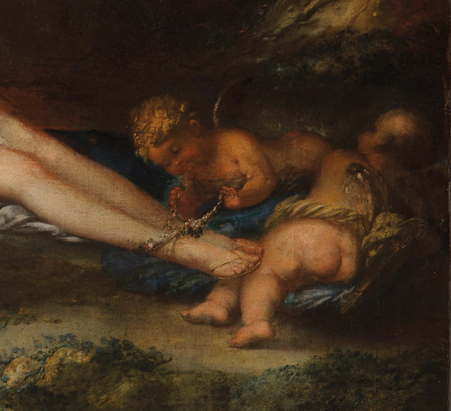 Bartolomeo Guidobono (Savona, Italien, 1654 - Turin, Italien, 1709)
Titel: Bacchanal mit Mänaden, Satyren und Nymphen
Medium: Öl auf Leinwand
Maße: ohne Rahmen 120 x 110 cm - mit Rahmen 136 x 125 x 5 cm
Mit Holzrahmen

Gutachten von Anna Orlando,