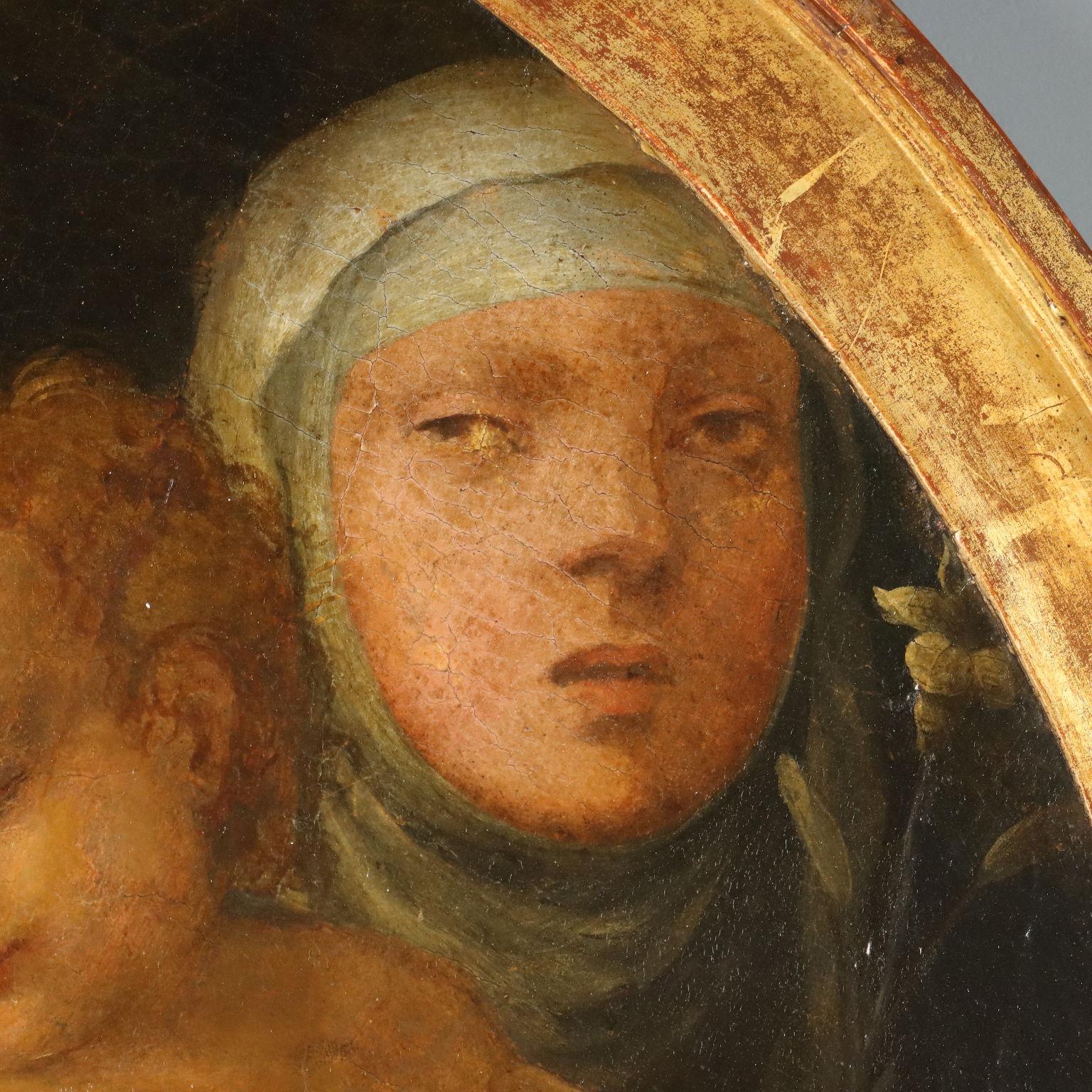Madonna and Child between St. Ansanus and St. Catherine 16th century - Brown Figurative Painting by Bartolomeo Neroni