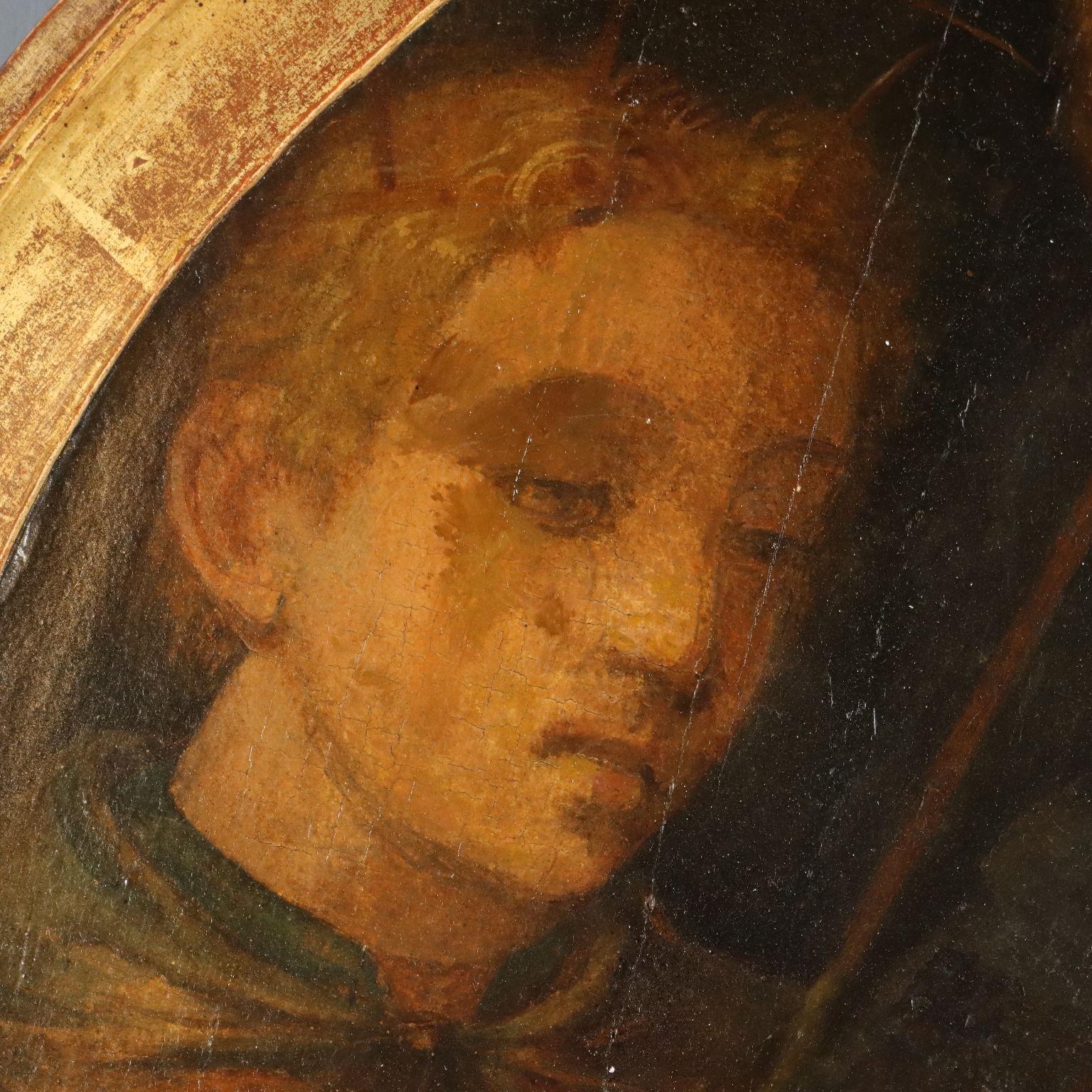 Oil on Board.
The work is accompanied by expert opinion by Professor Mauro Minardi, who  attributes the painting to the production of Bartolomeo Neroni, known as Riccio, an artist active in Siena in the 16th century, through a documented comparison
