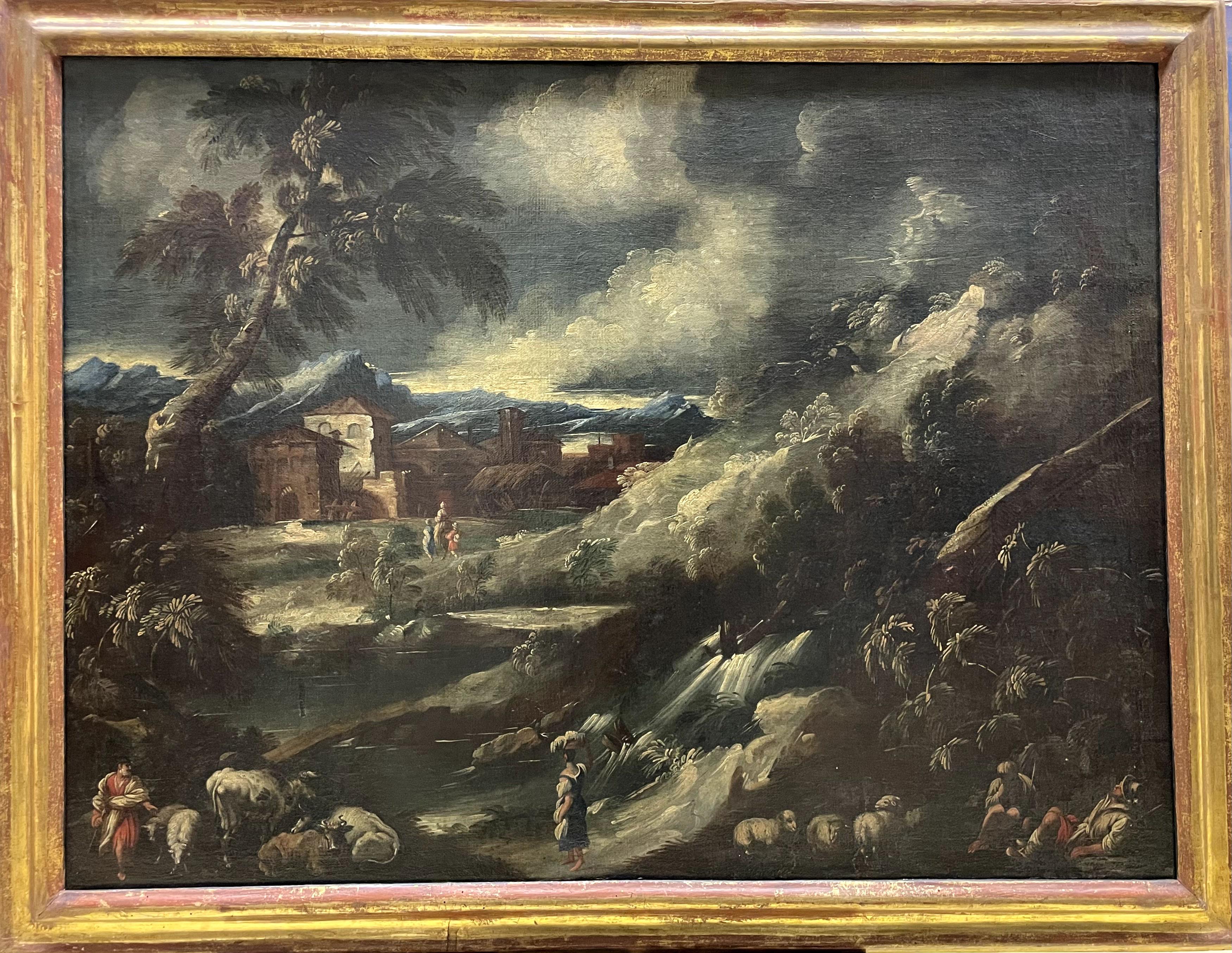 Bartolomeo Pedon Landscape Painting – "Landschaft mit Figuren und Bauernhäusern"