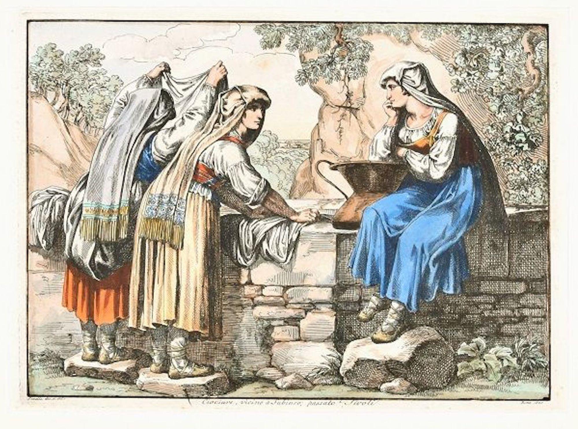 Ciociare, vicino a Subiaco; passato Tivoli es un precioso aguafuerte coloreado a mano por Bartolomeo Pinelli. Las inscripciones aparecen en la parte inferior de la obra, dentro de la matriz y justo debajo de la imagen. A la izquierda "Pinelli dis e