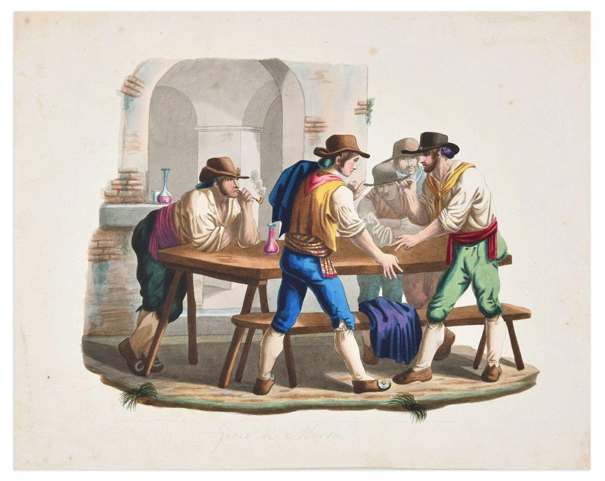 Gioco di Morra - Etching a Watercolor by Bartolomeo Pinelli - 19th Century