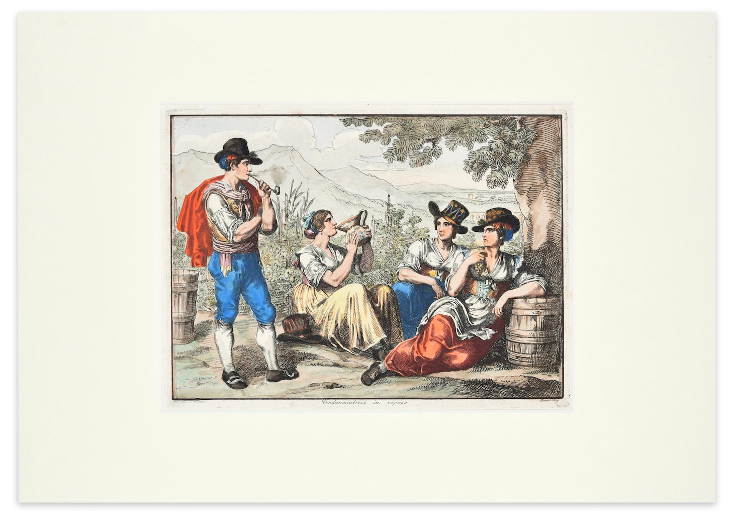Grape Harvesters at Rest - Etching by Bartolomeo Pinelli - 1819 For Sale 1