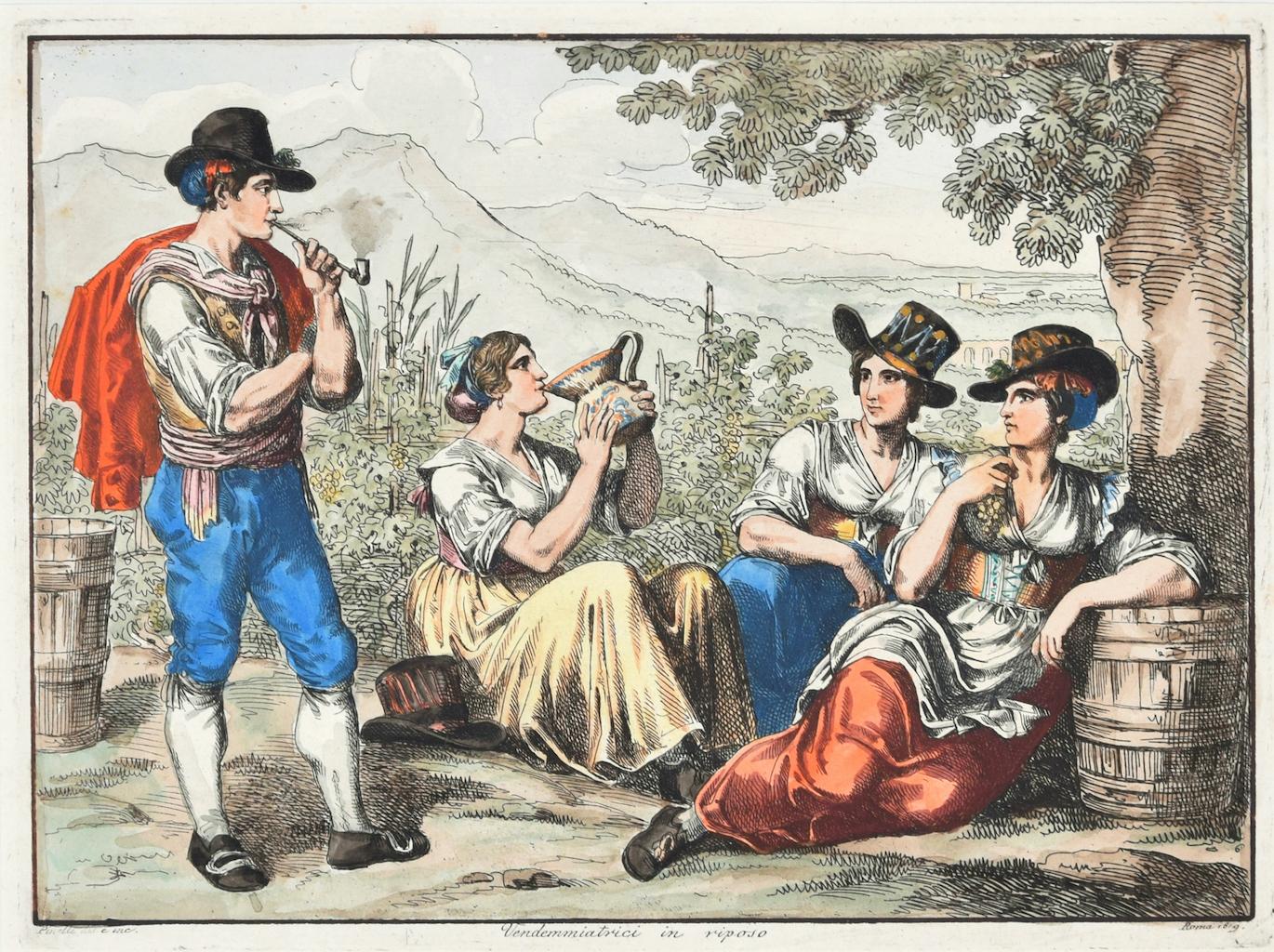 Grape Harvesters at Rest is original Hand-colored etching artwork realized by Bartolomeo Pinelli in 1819.

Signed by the artist on the plate, dated lower left"Roma, 1819", titled in Italian on the lower center.

Good conditions.

Included a white