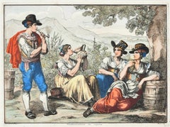 Used Grape Harvesters at Rest - Etching by Bartolomeo Pinelli - 1819
