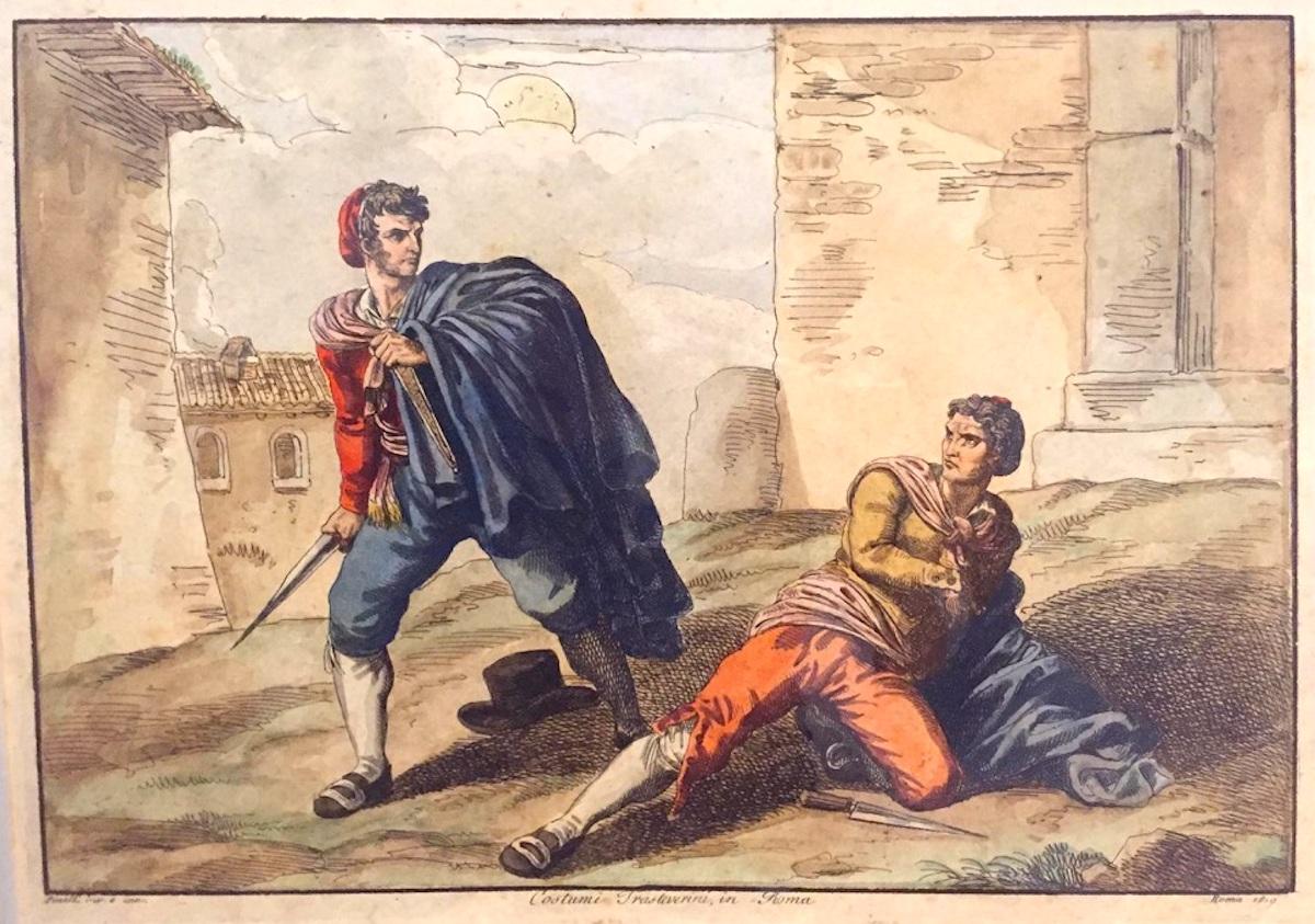 Gravure à l'eau-forte Roma Costumi Trasteverini de Bartolomeo Pinelli - 1819