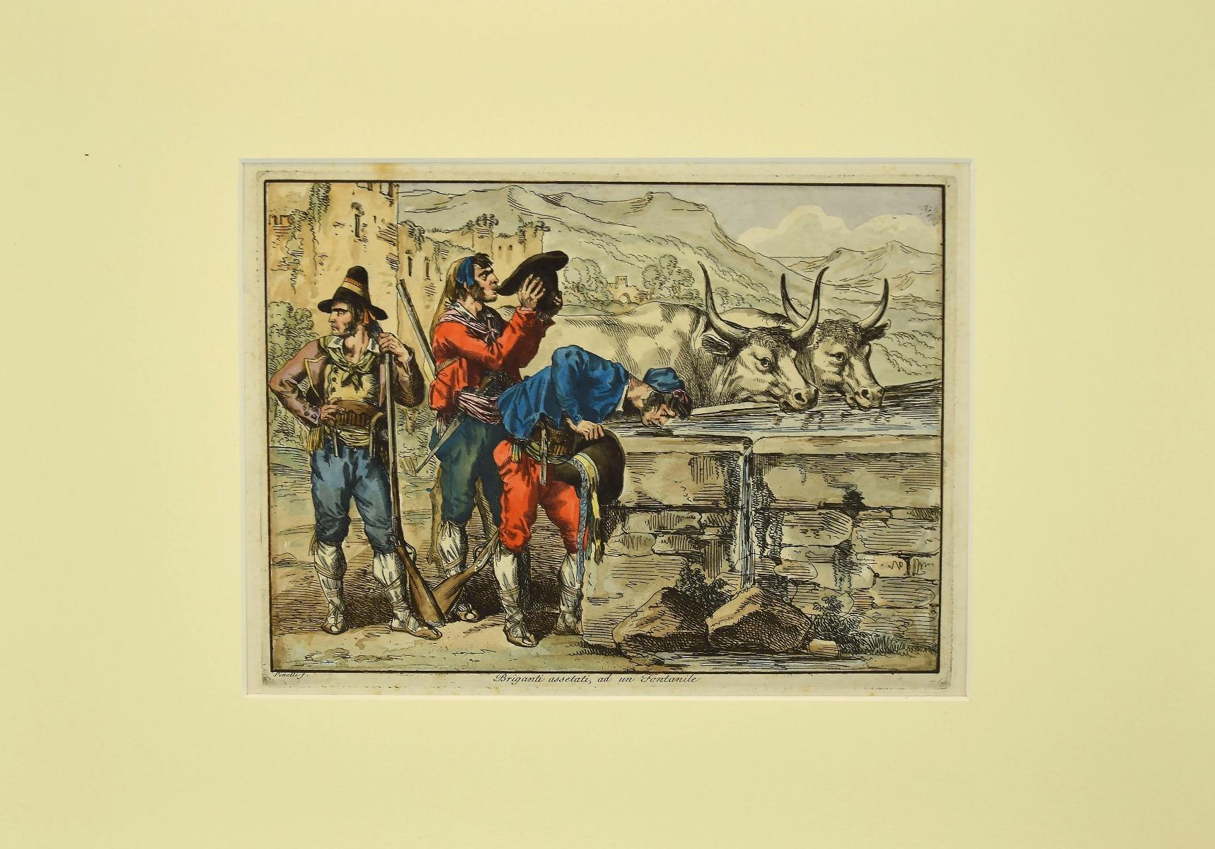 Traje romano - Aguafuerte y acuarela originales de Bartolomeo Pinelli - 1820 en venta 1