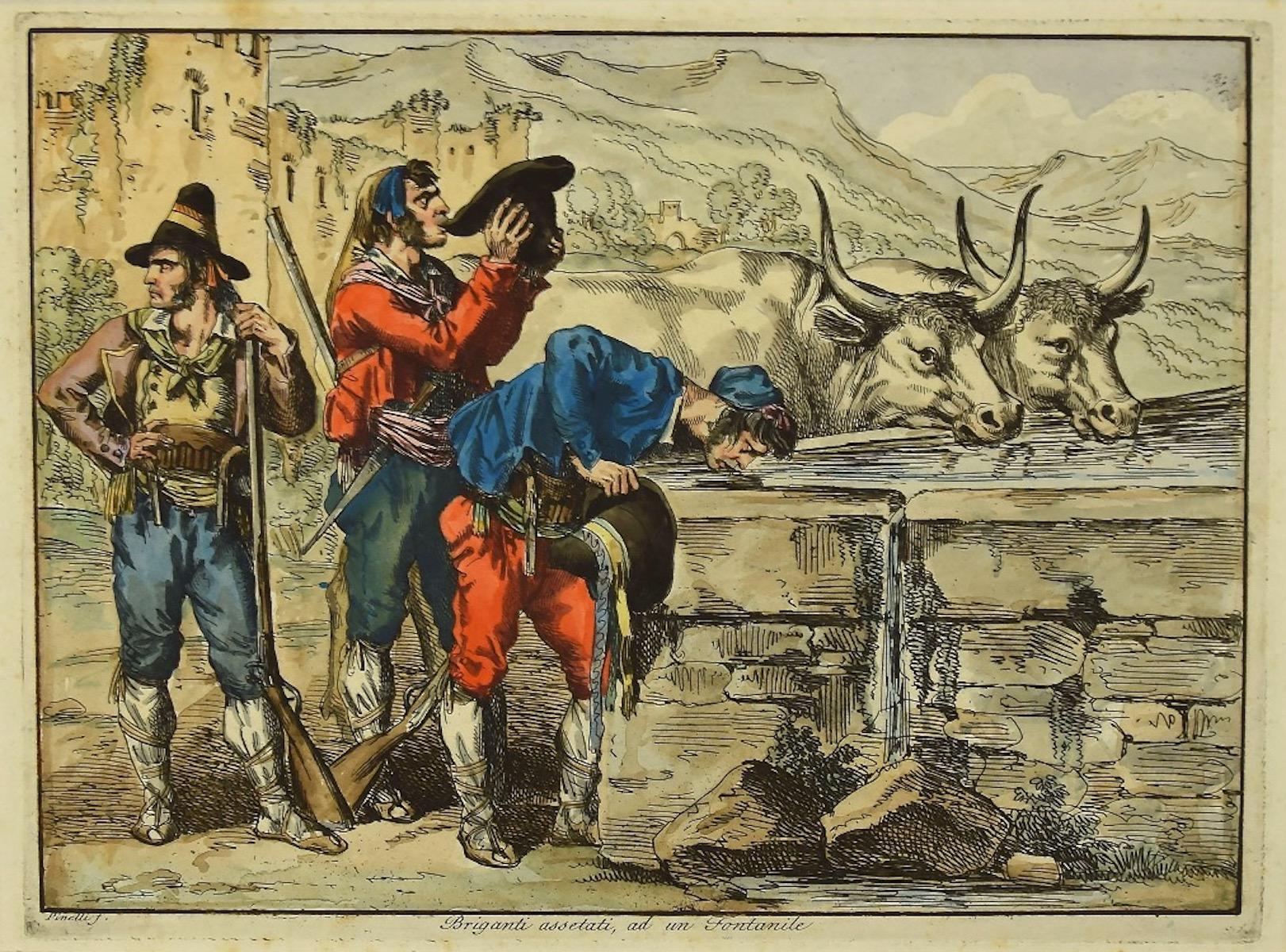 Briganti Assetati (Thirsty Brigands) is a beautiful artwork realized by Bartolomeo Pinelli in 1820.

Etching and Watercolor technique. In Good condition, worn paper on the marginal line and some little stains on the back. 
Signed on plate lower