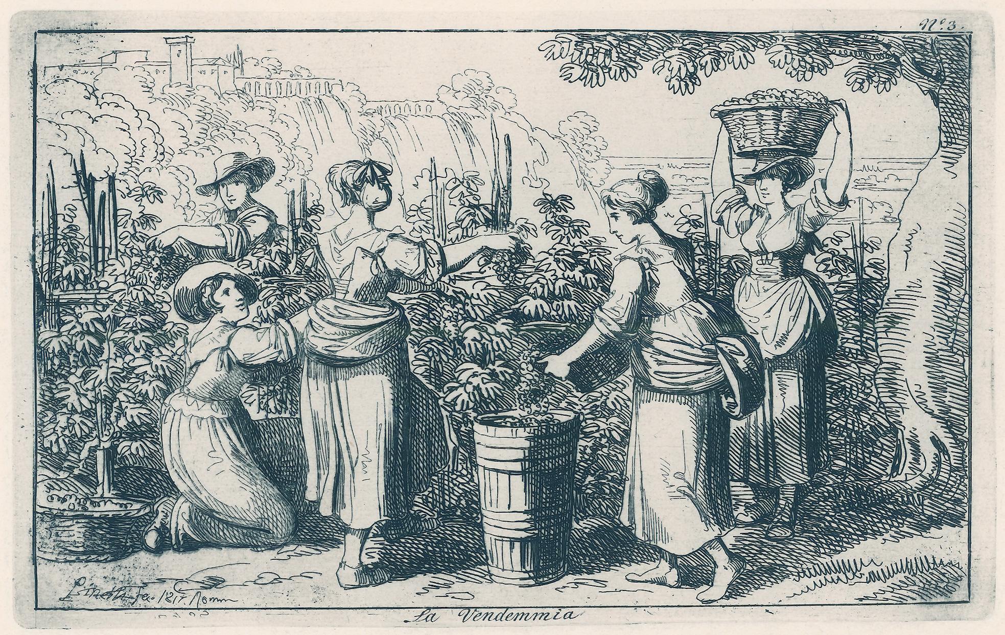 Collection de 50 gravures sur cuivre représentant des scènes de costumes du début du 19e siècle se déroulant dans la campagne romaine. Avec des personnages dédiés au travail, aux jeux, aux réjouissances et aux diverses activités de la vie