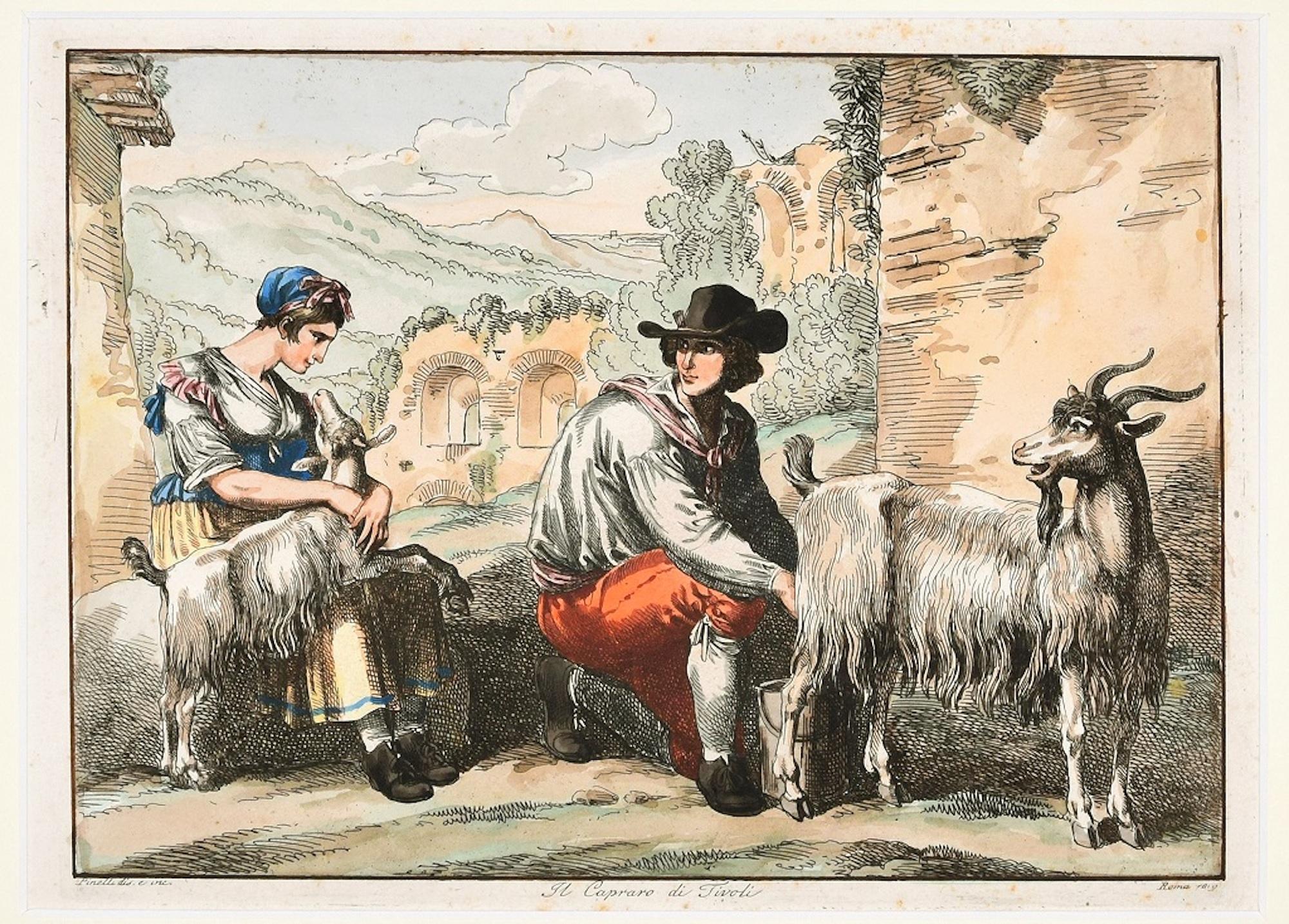 The Goatherd in Tivoli - Etching by Bartolomeo Pinelli - 1819